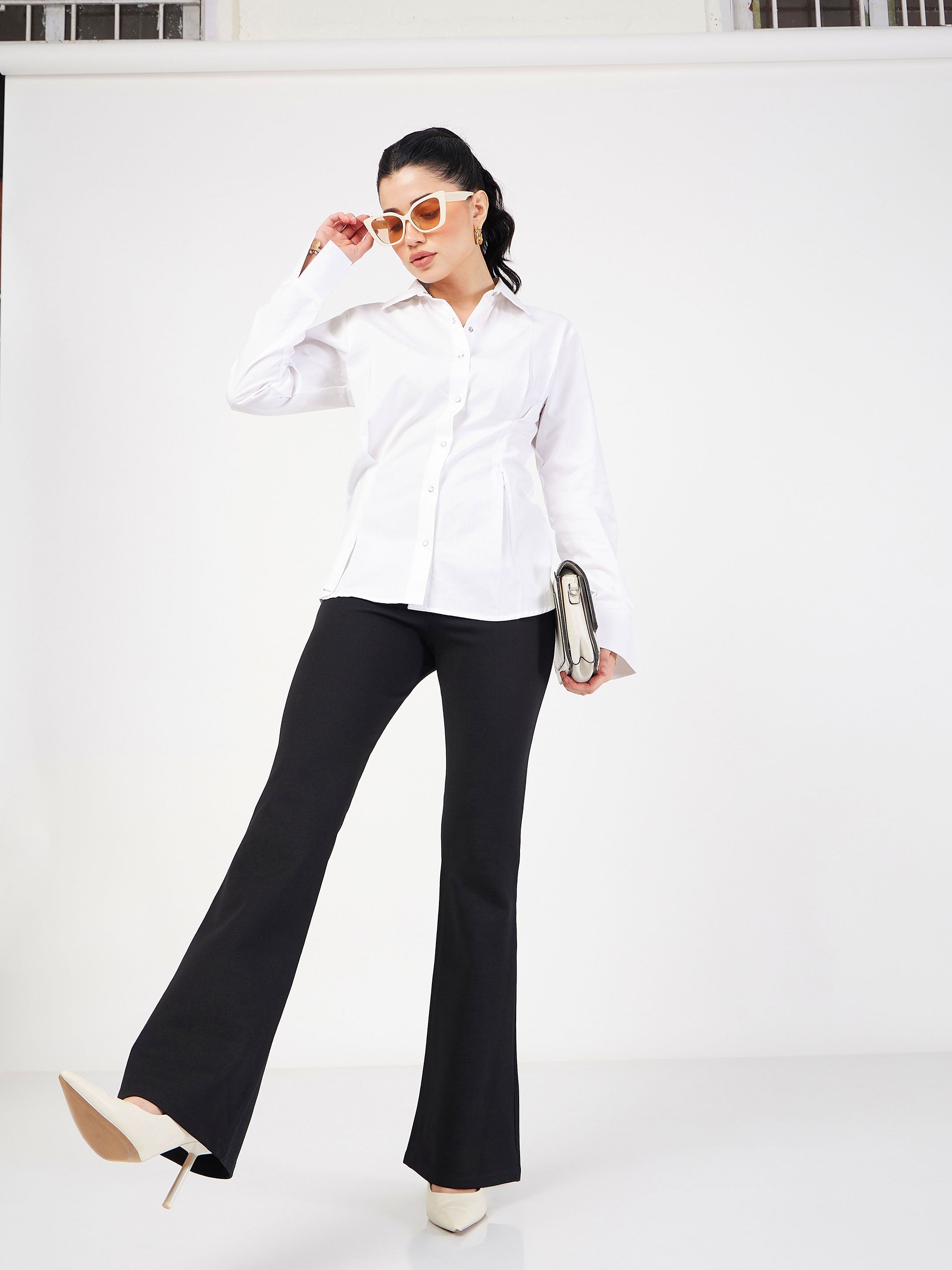 Women Black Bone Pocket Bell Bottom Pants