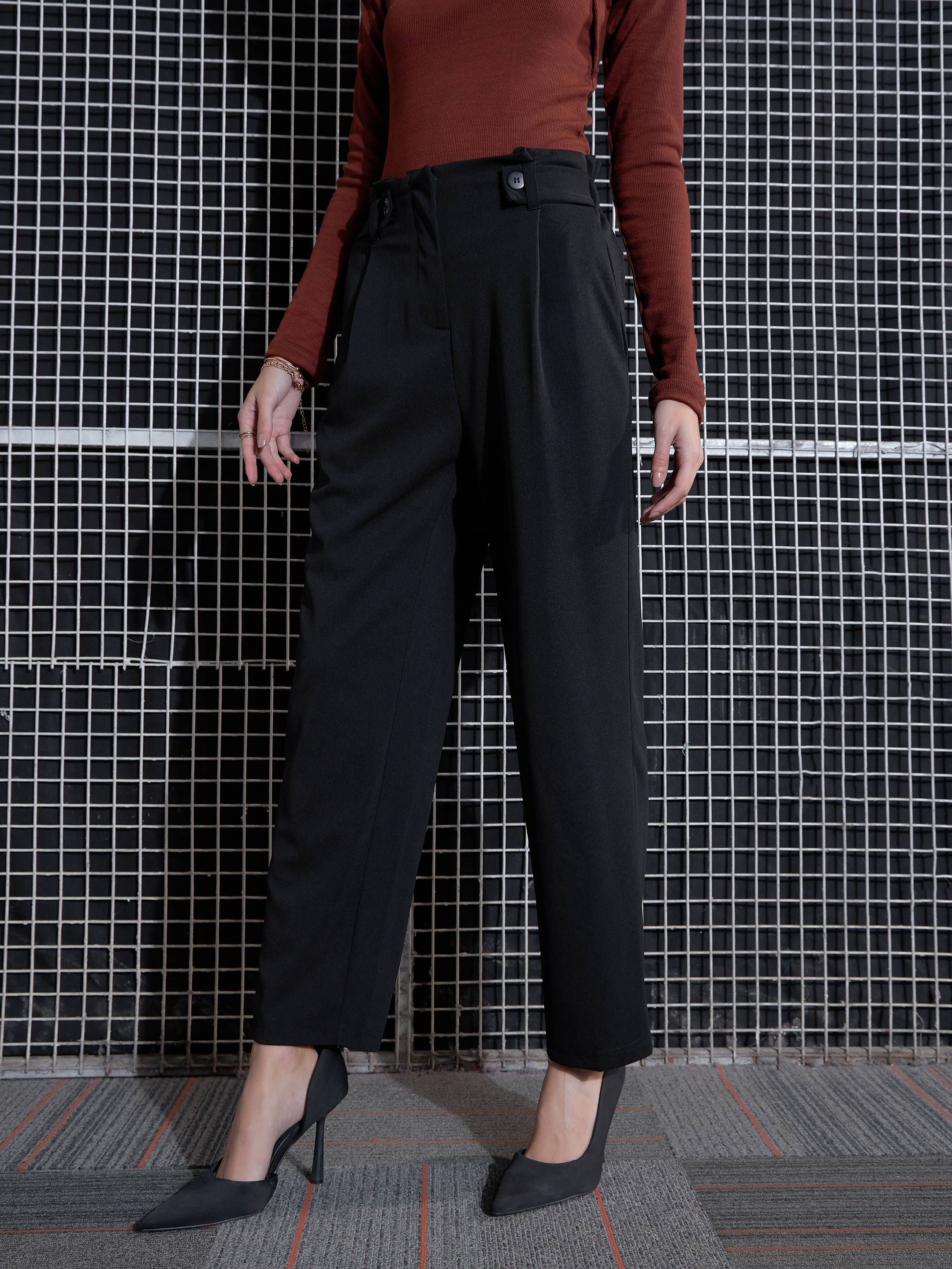 Women Black Front Button Paperback Waist Pants