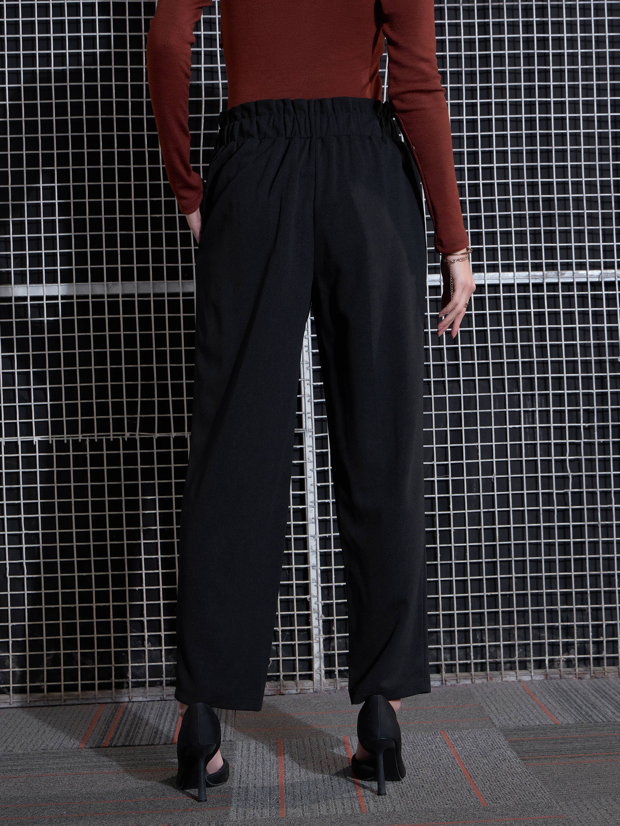 Women Black Front Button Paperback Waist Pants