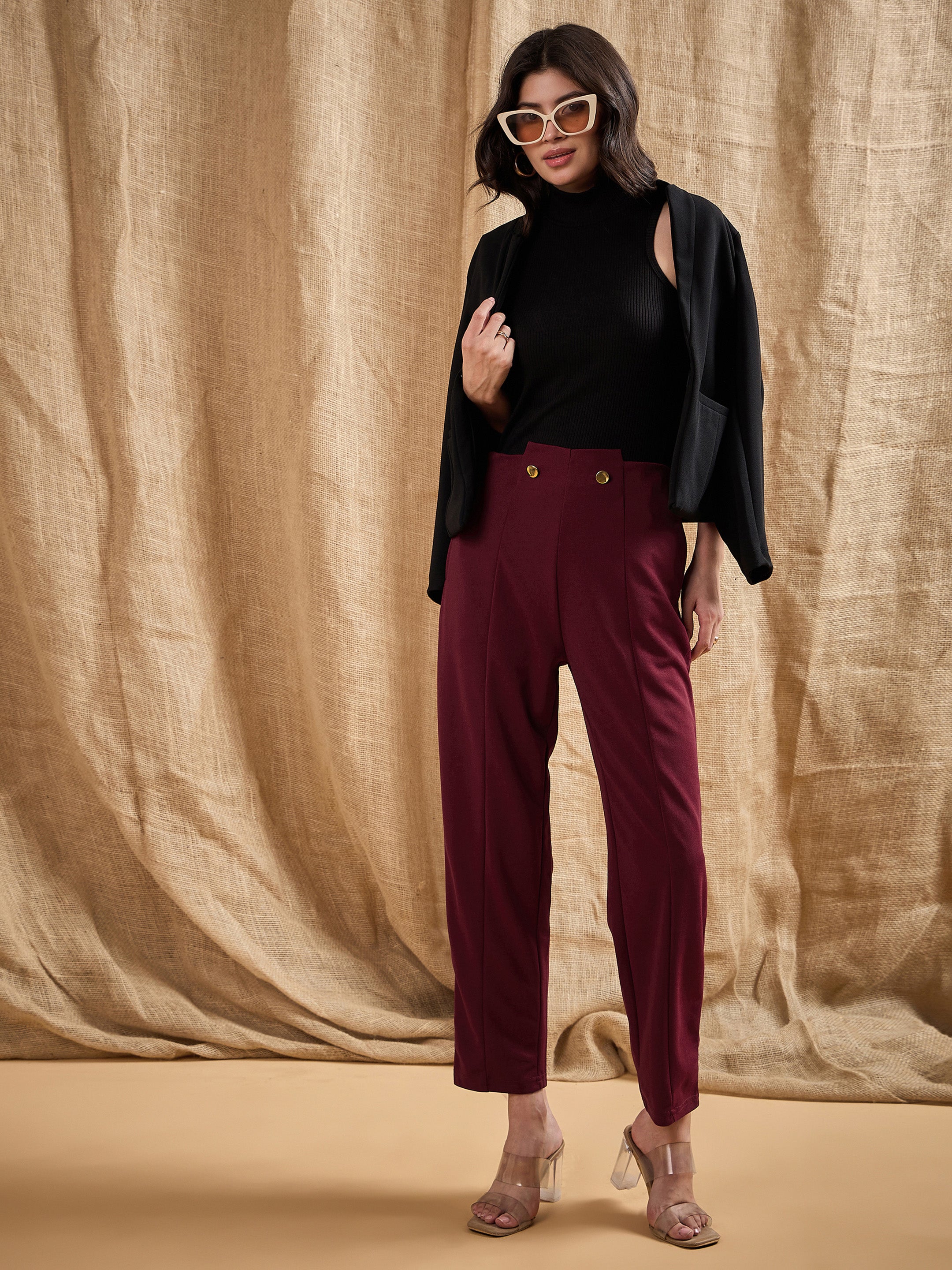 Women Red Waist Button Pants