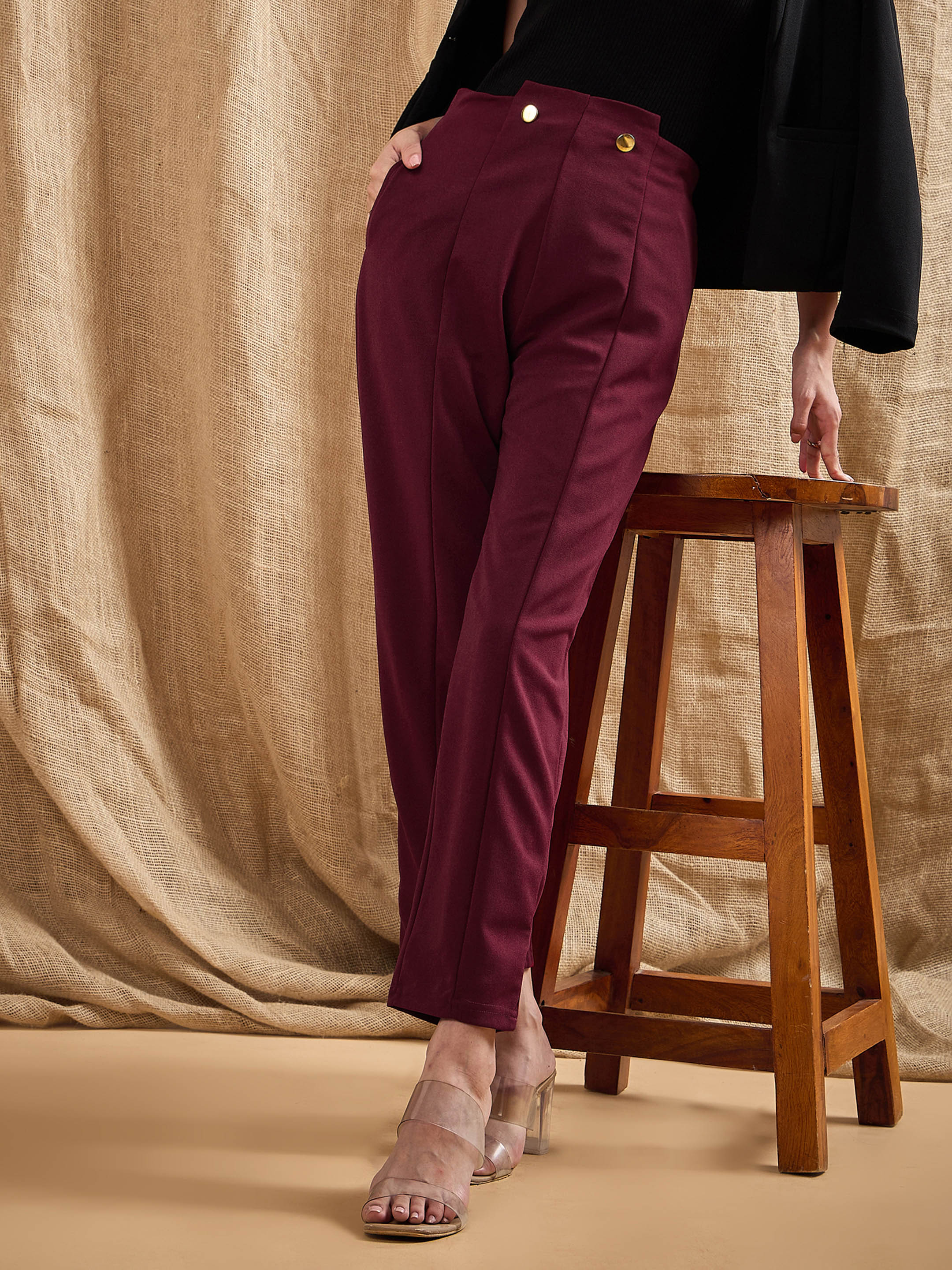 Women Red Waist Button Pants