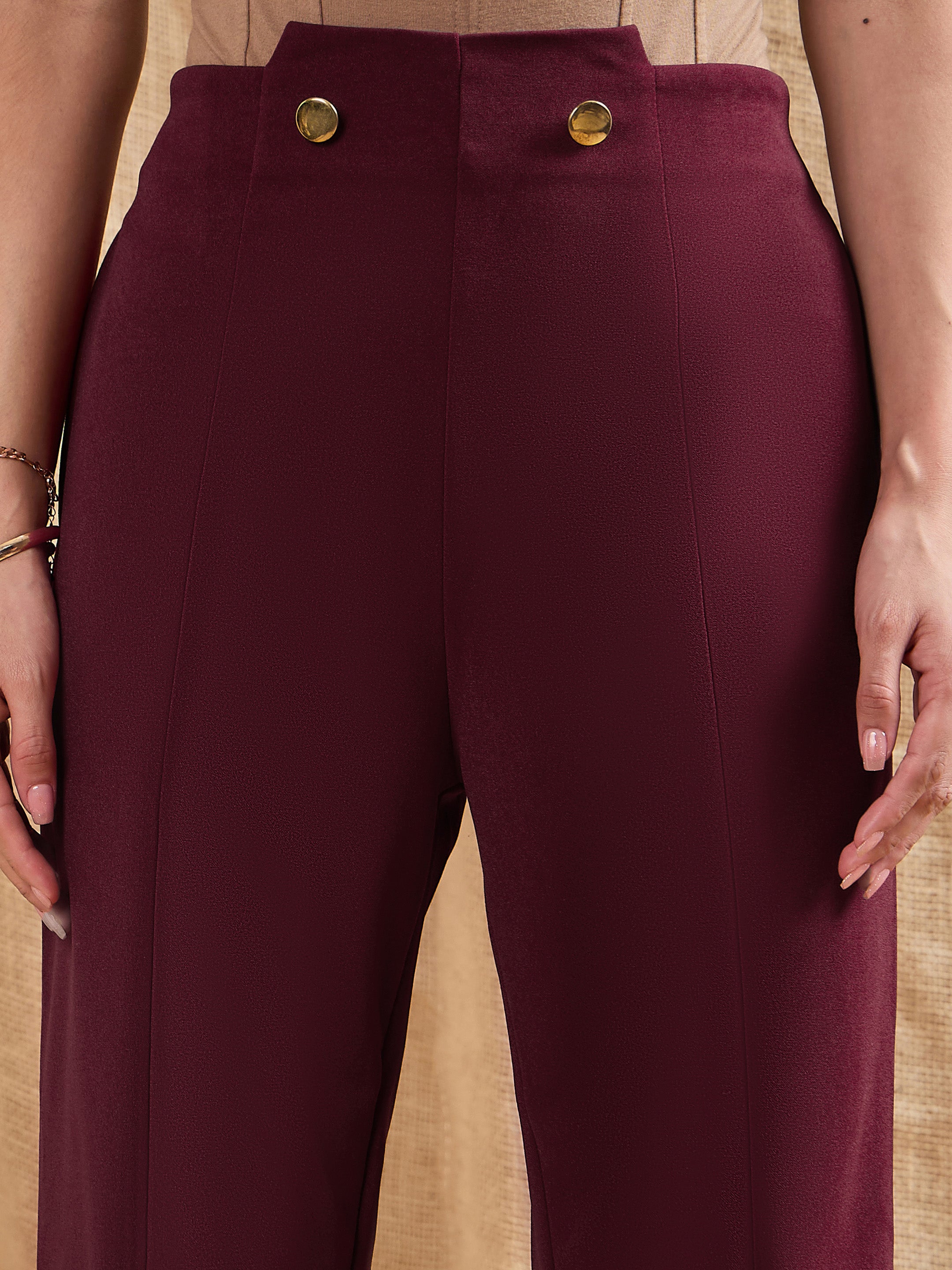 Women Red Waist Button Pants