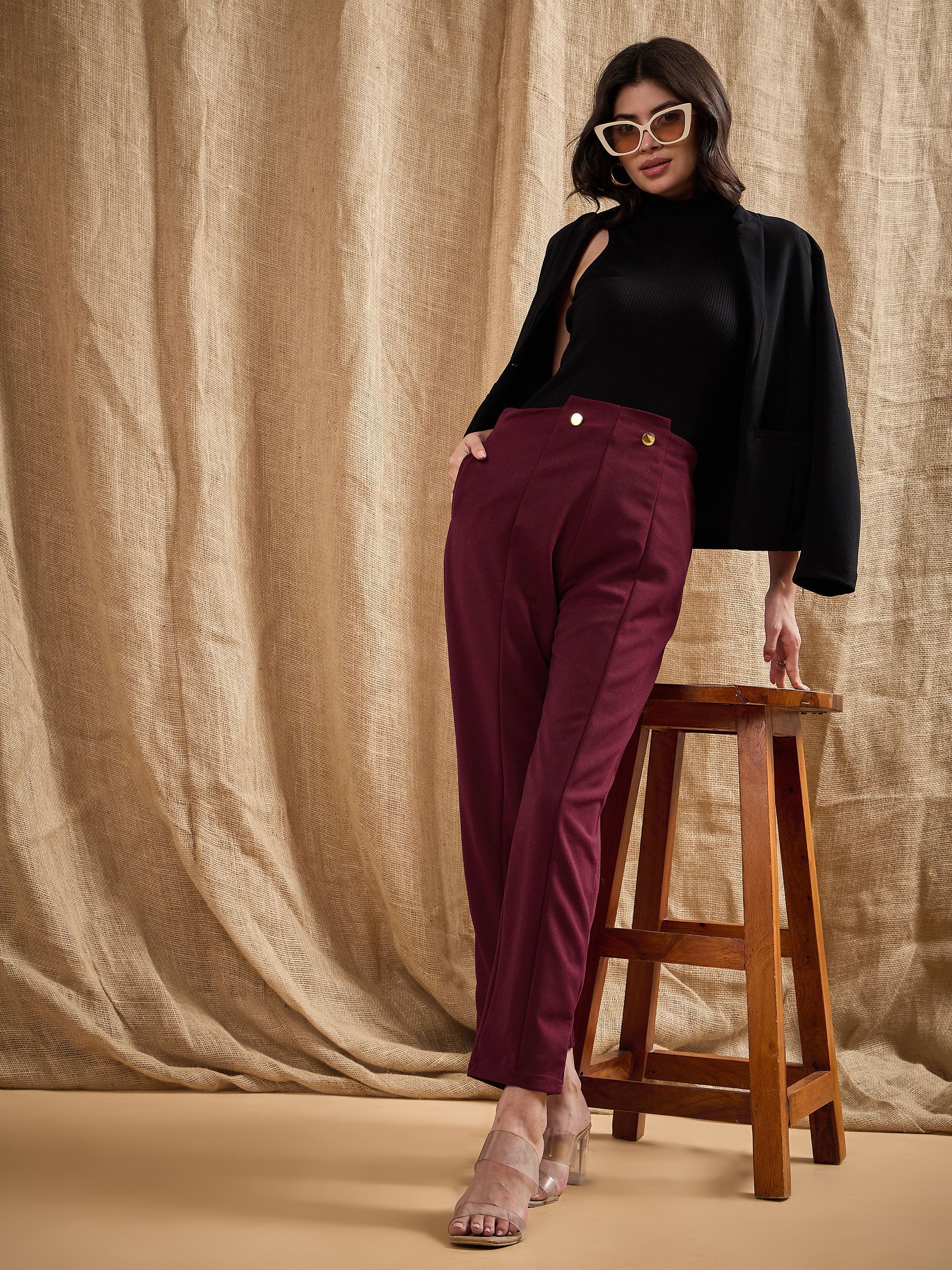 Women Red Waist Button Pants