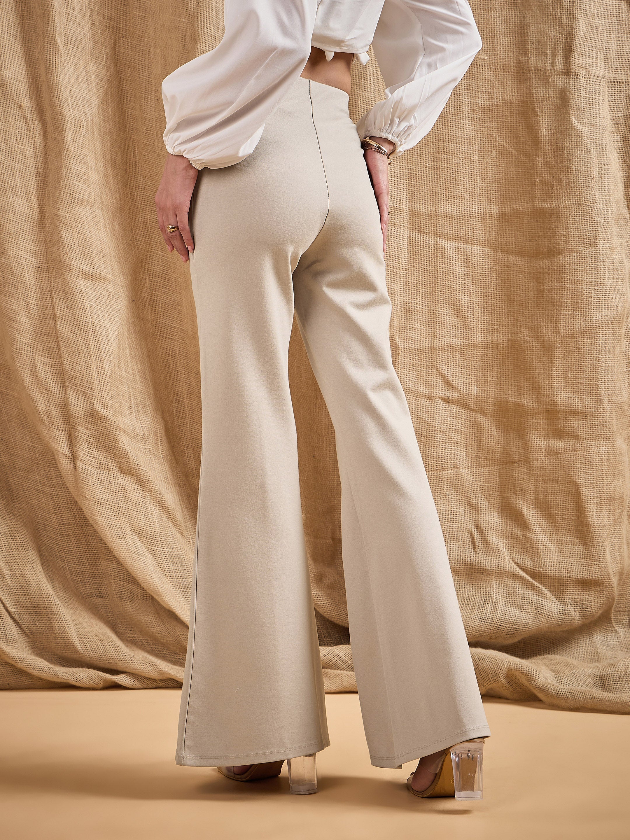 Women Light Beige Front Button Flared Bell Bottom Pants