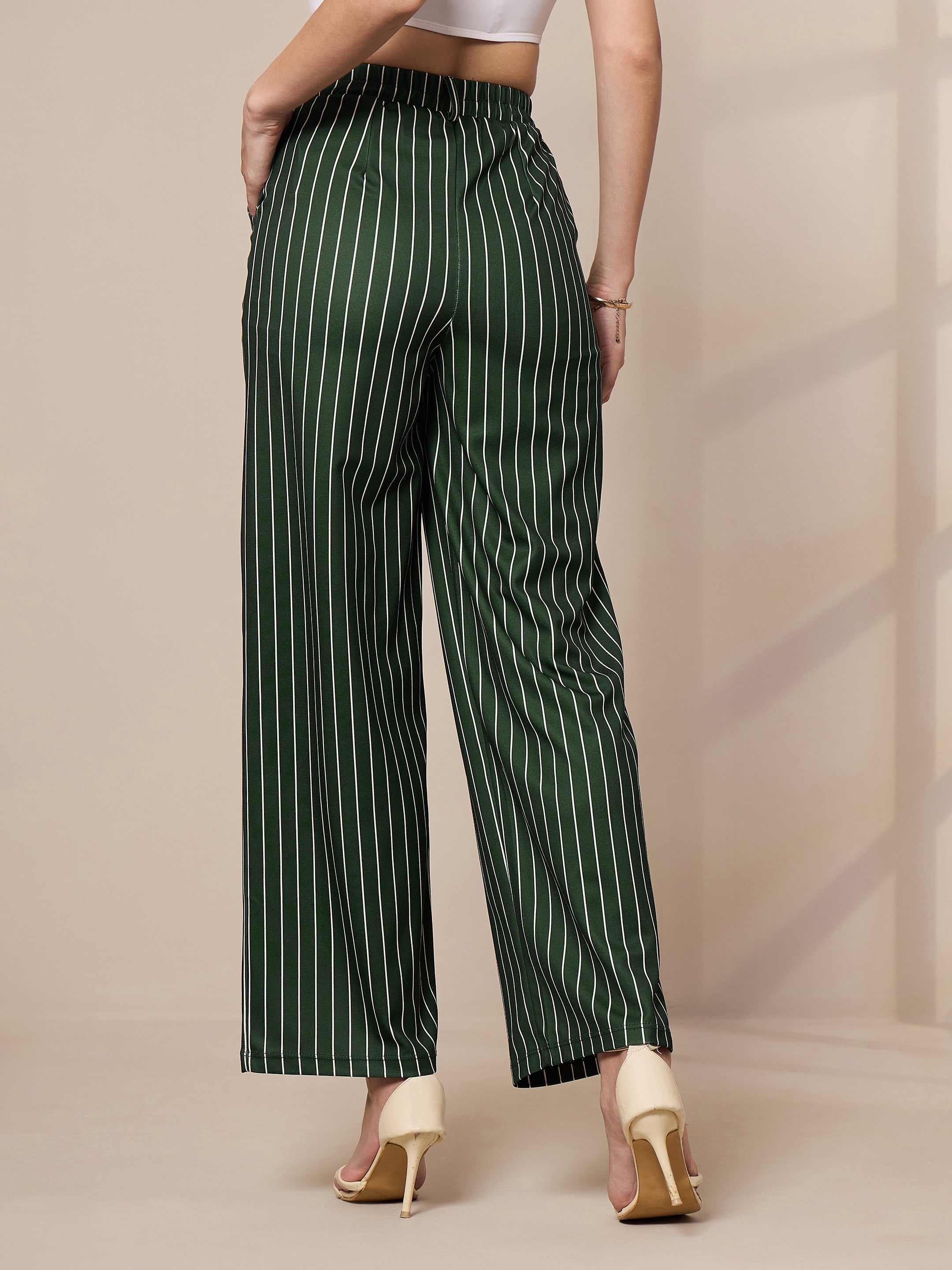 Women Green Striped Straight Wide Leg Trousers