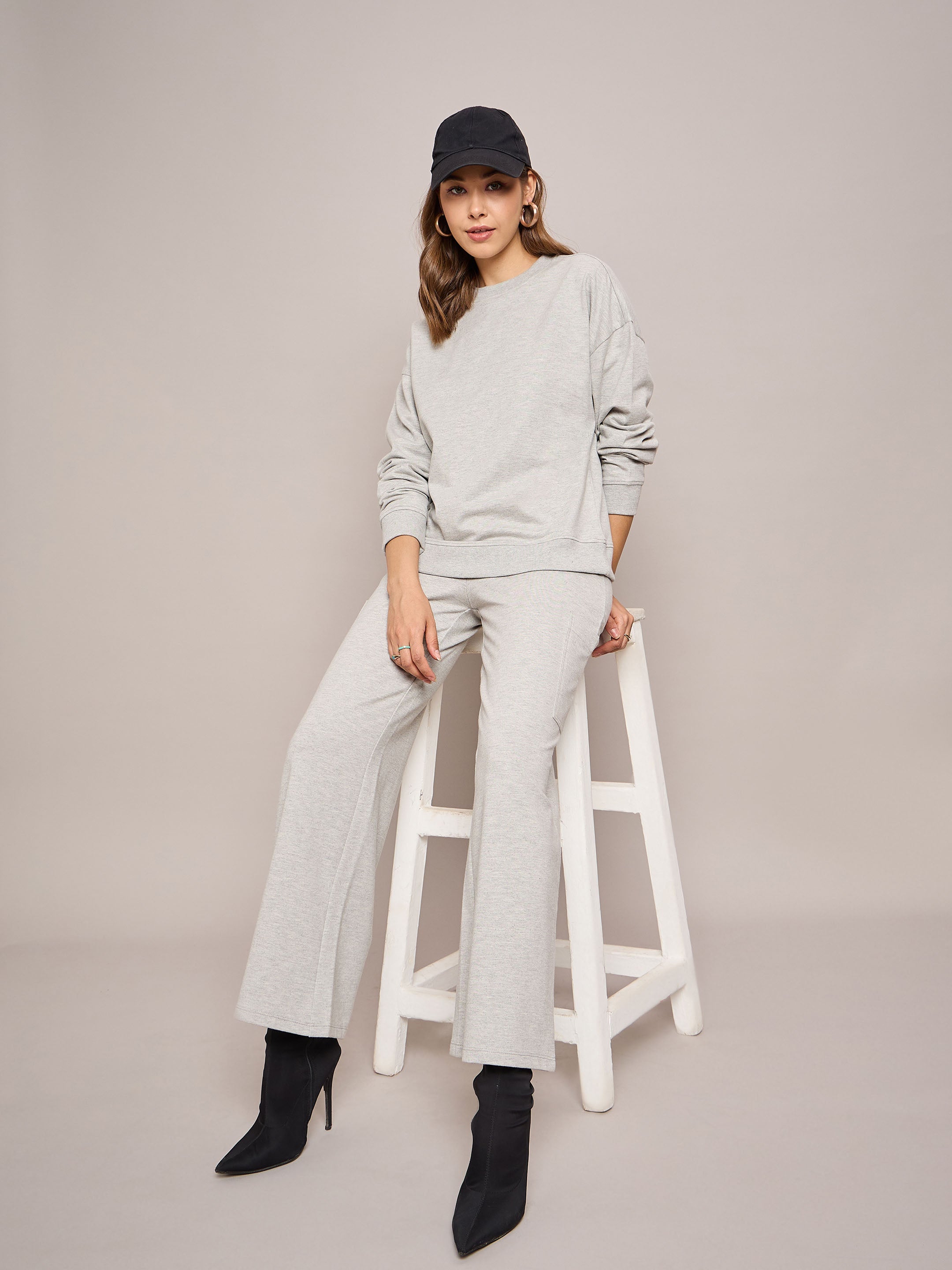 Women Grey Melange Terry Wide Leg Track Pants