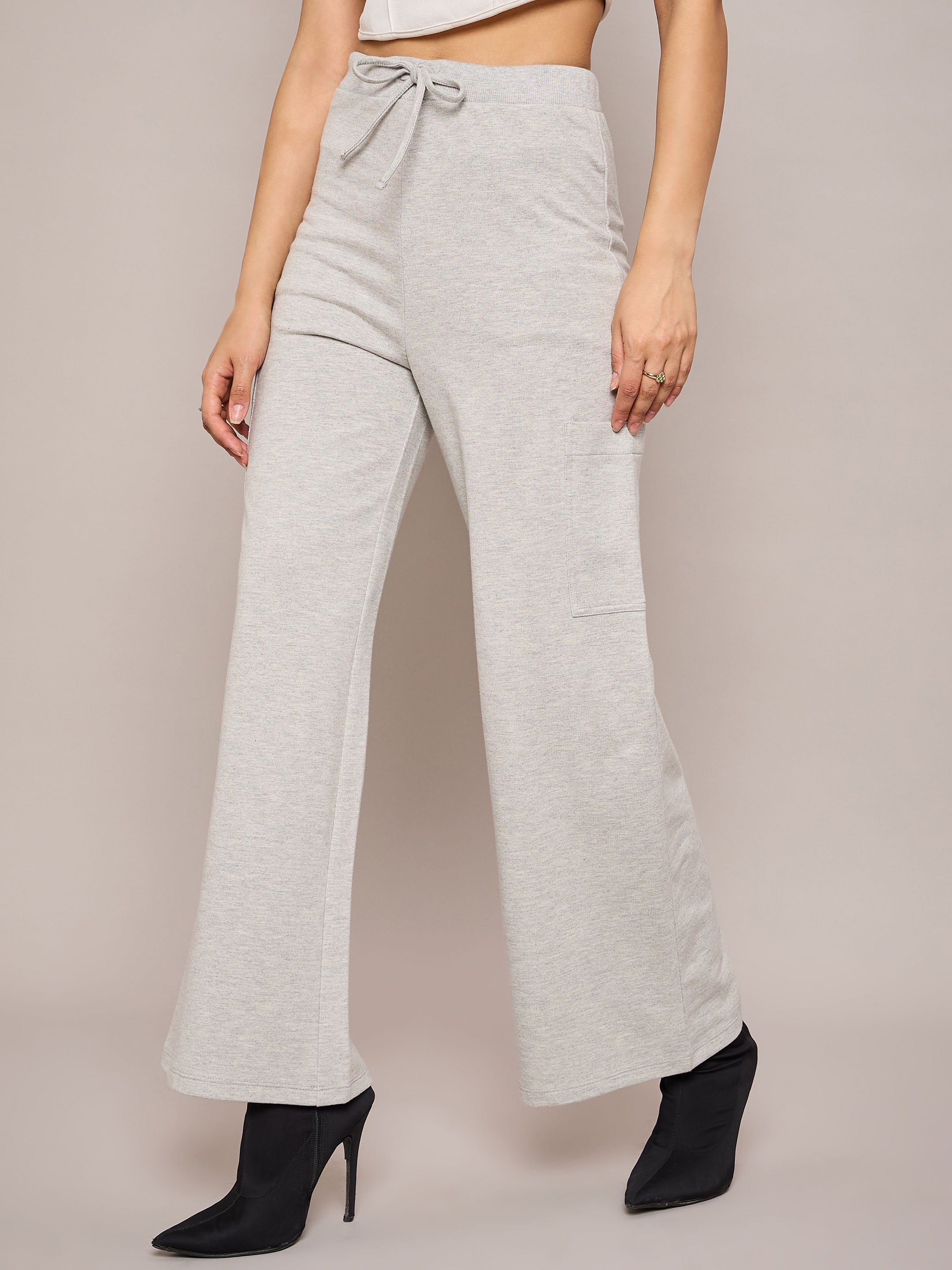 Women Grey Melange Terry Wide Leg Track Pants