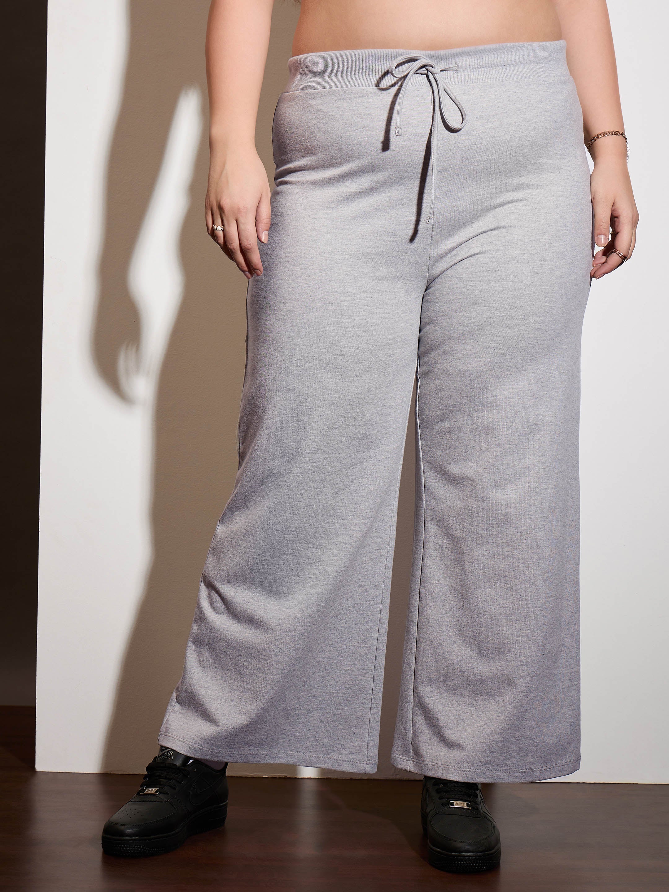 Women Grey Melange Terry Drawstring Track Pants