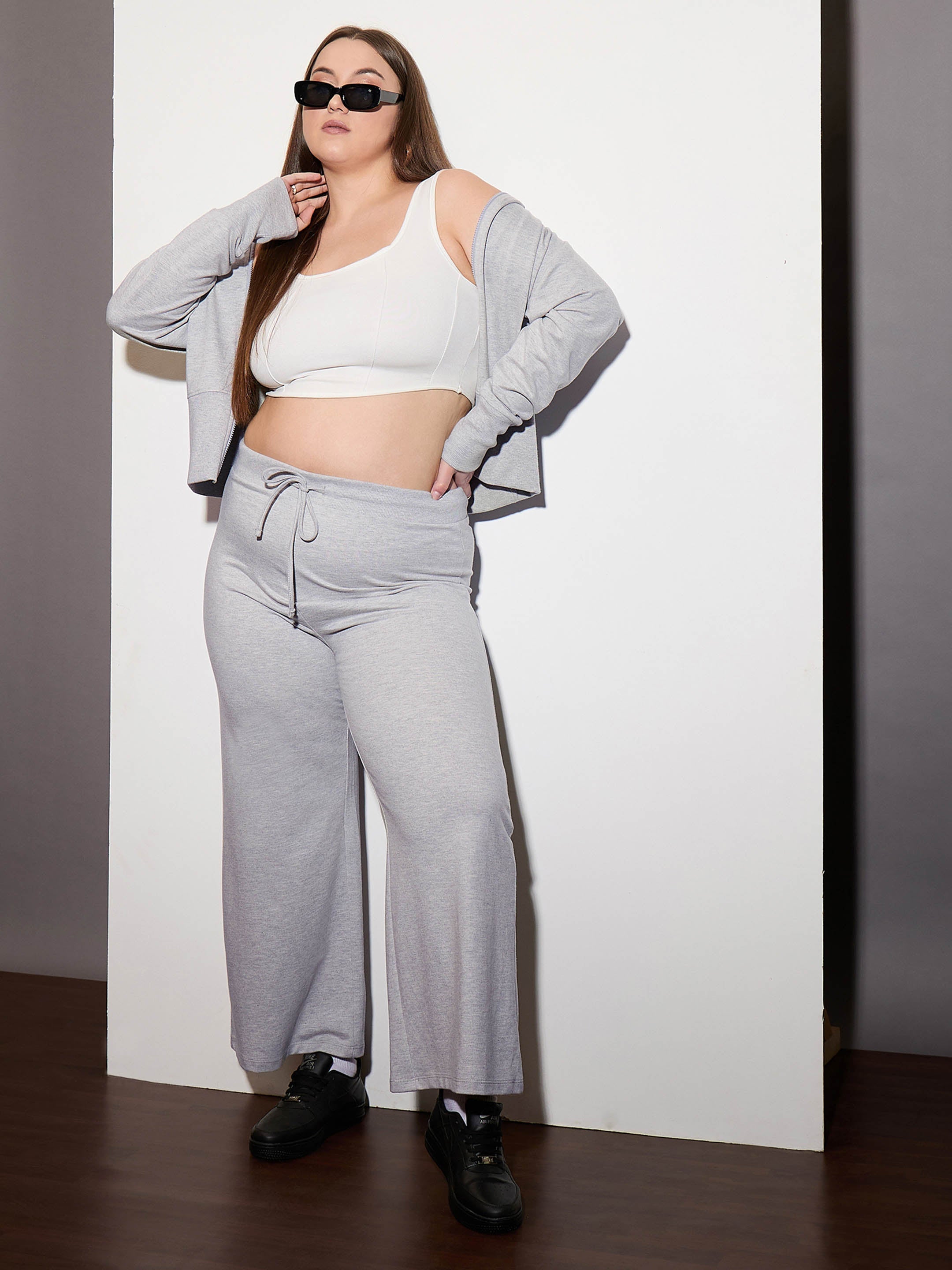 Women Grey Melange Terry Drawstring Track Pants