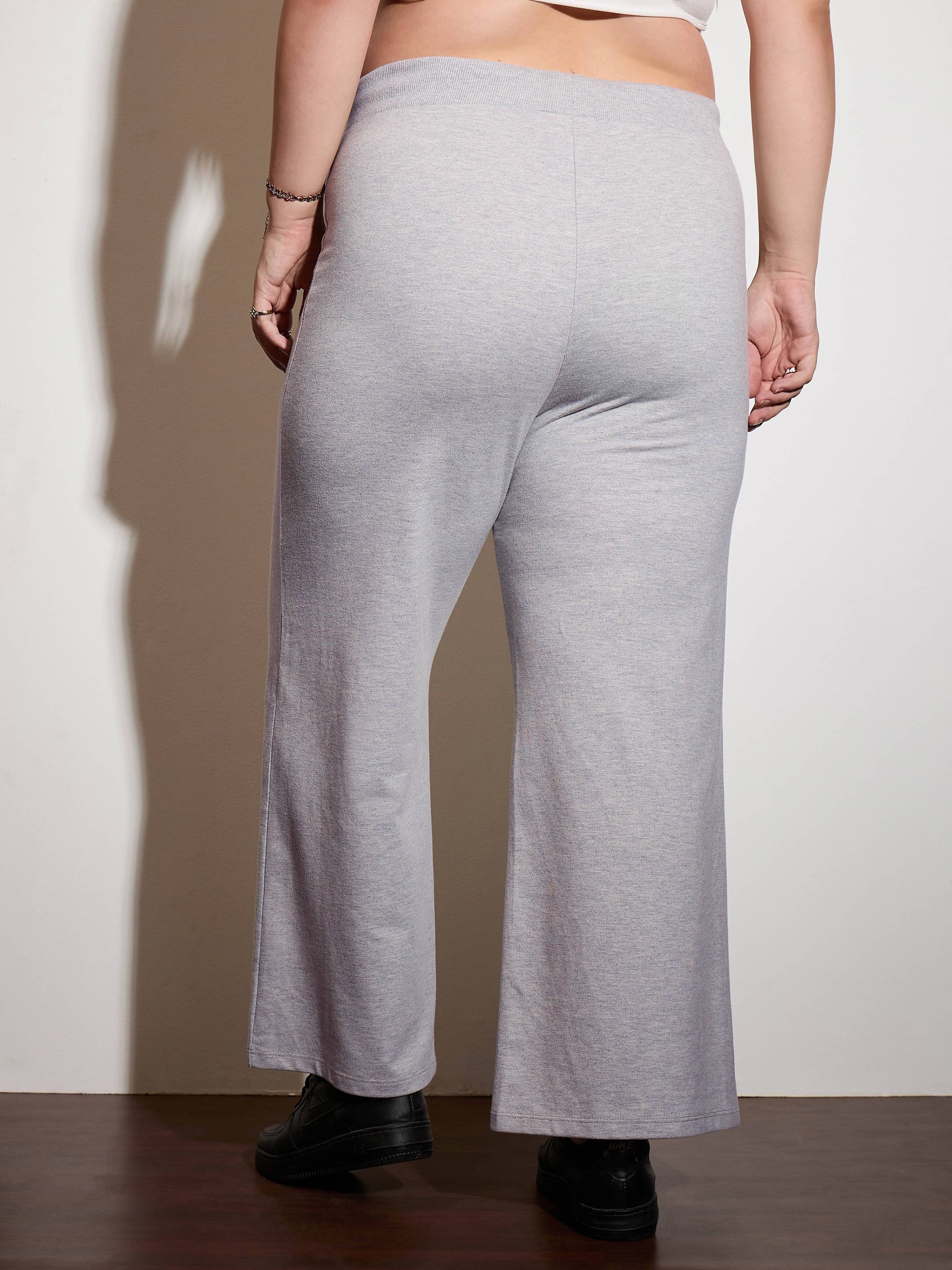 Women Grey Melange Terry Drawstring Track Pants