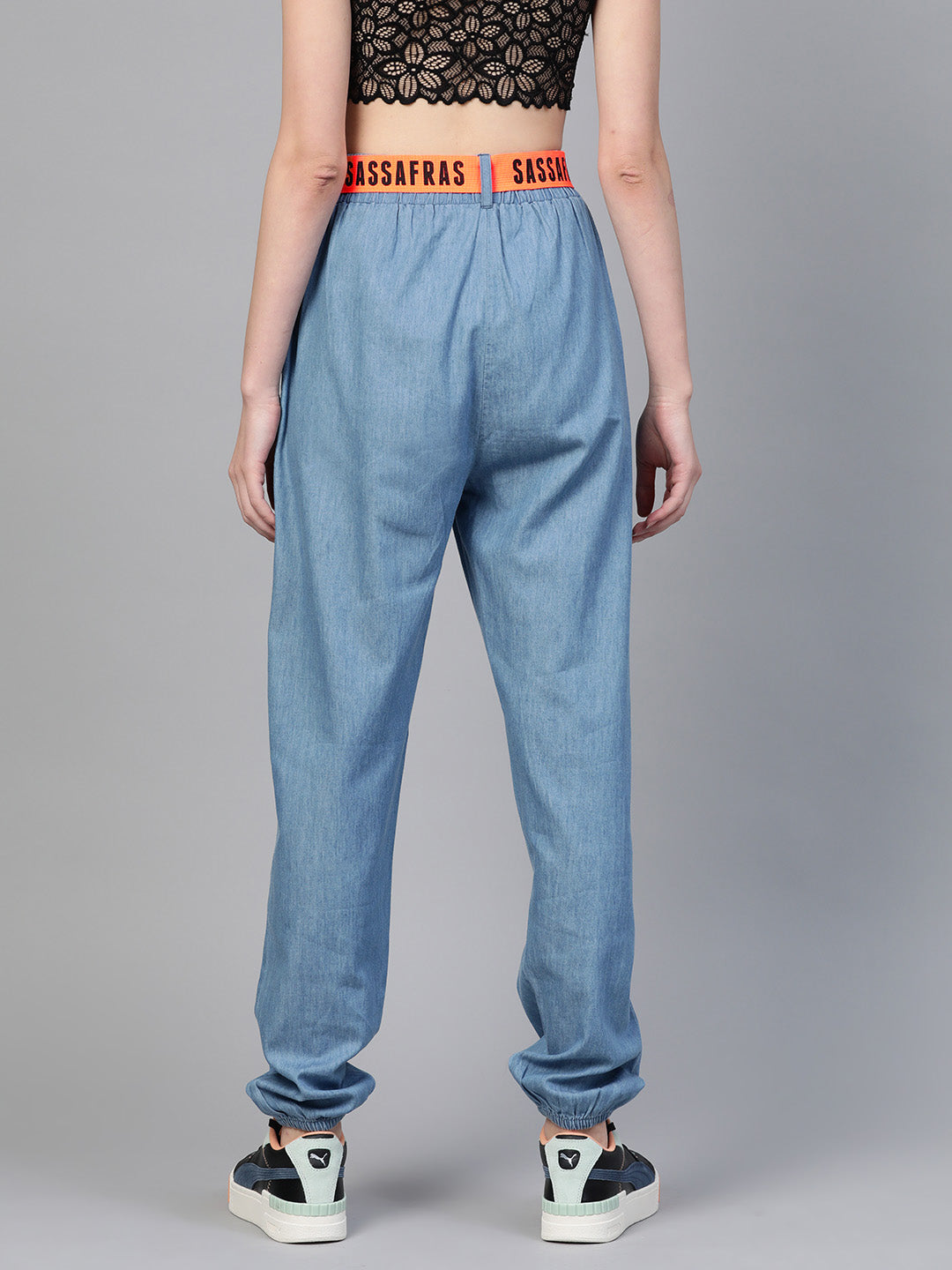 Ice Blue Contrast Belted Denim Jogger