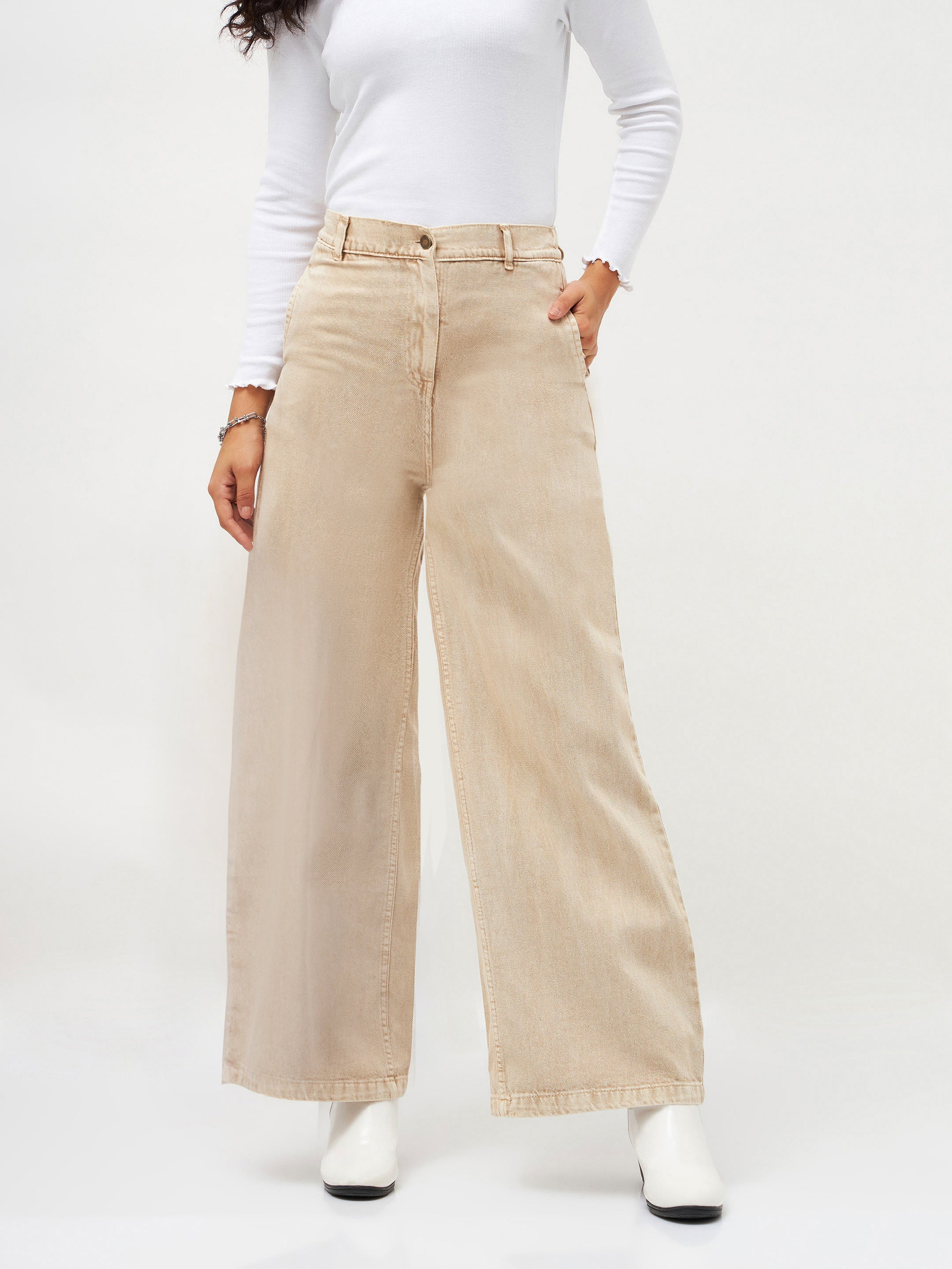 Women Beige Denim Flared Pants