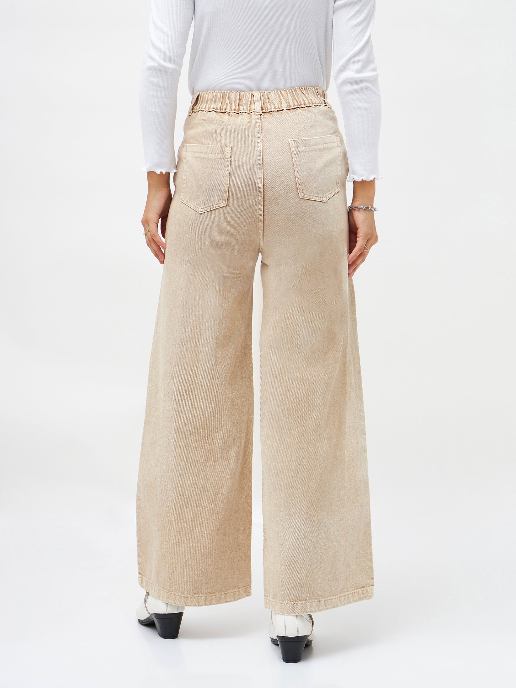 Women Beige Denim Flared Pants