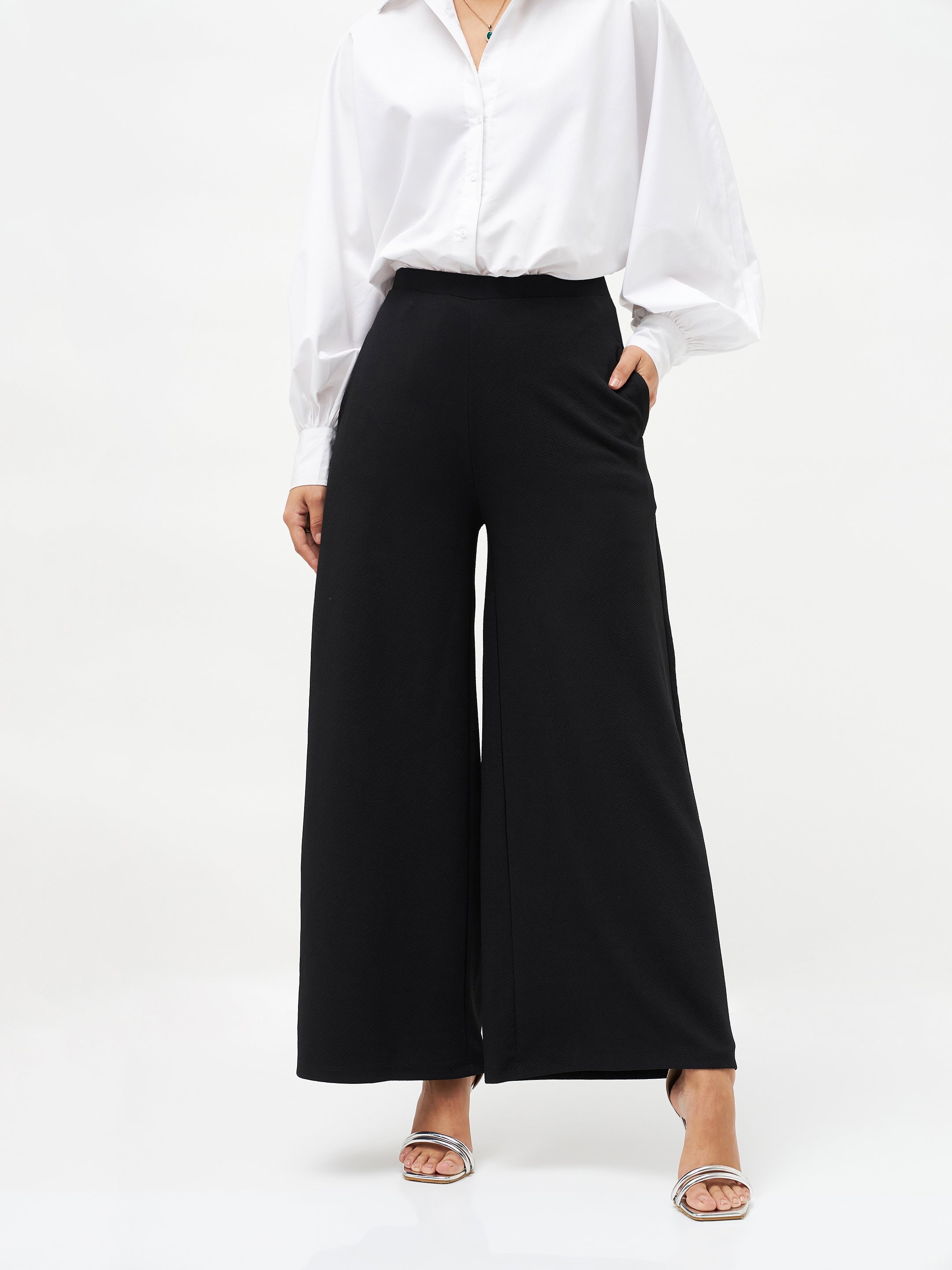 Women Black Scuba Wide Leg Pants