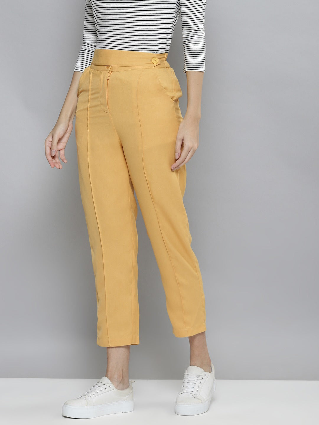 Women Yellow Belted Tapered Pants