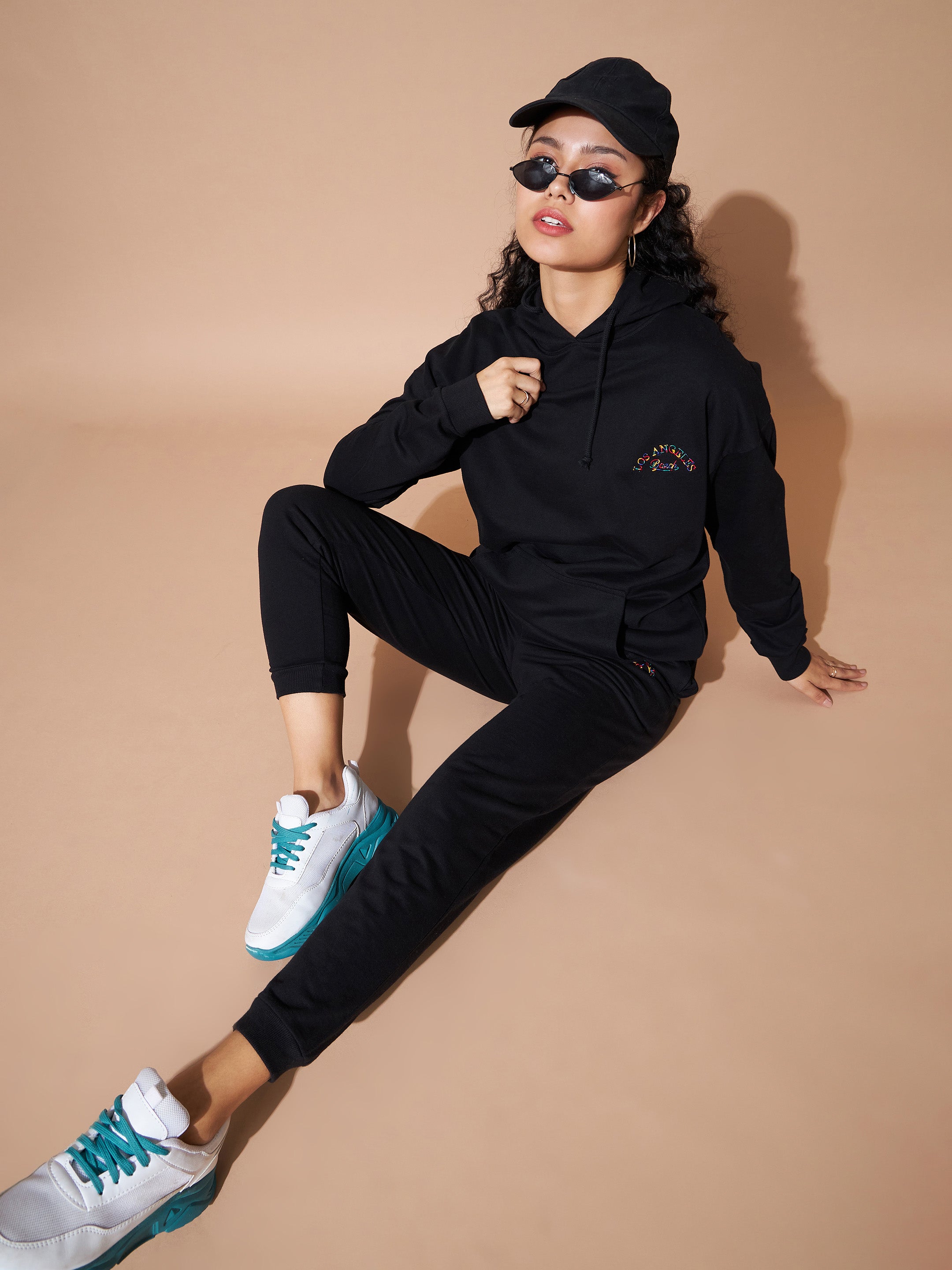 Women Black Embroidered Oversized Hoodie With Track Pants