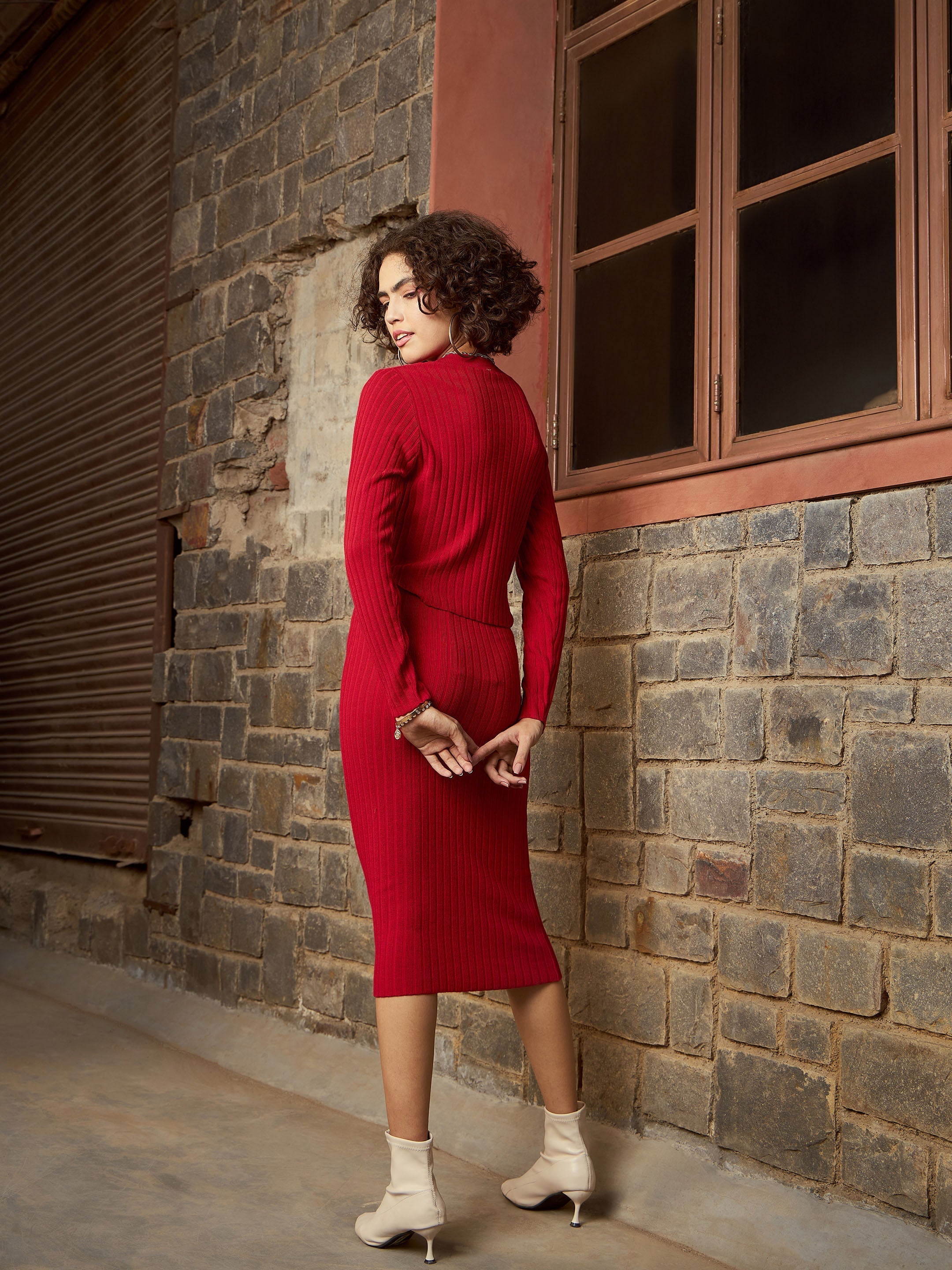 Women Red Rib Sweater With Pencil Skirt