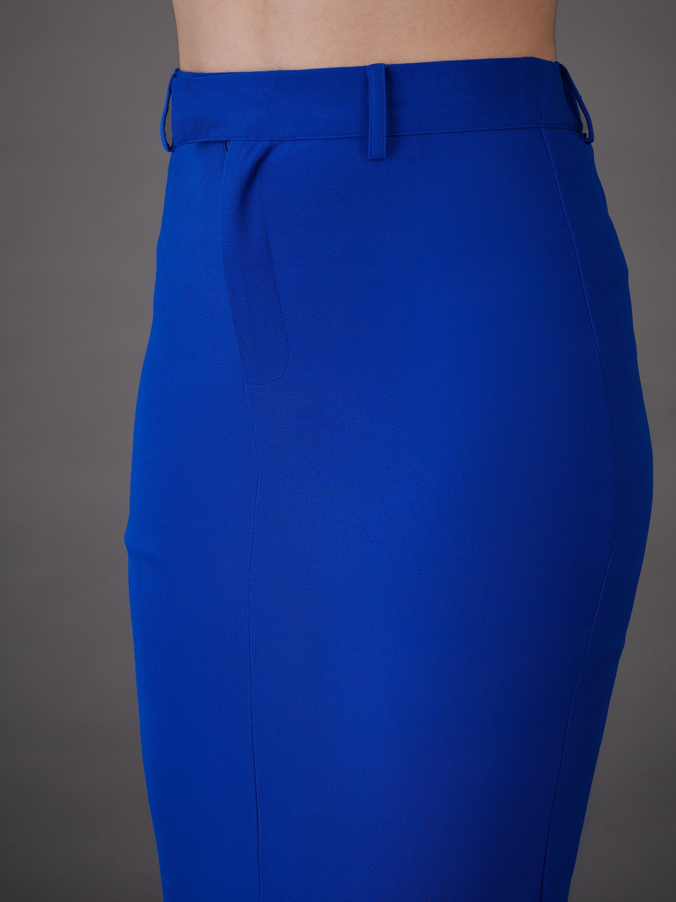 Women Royal Blue Peplum Collar Top With Midi Skirt