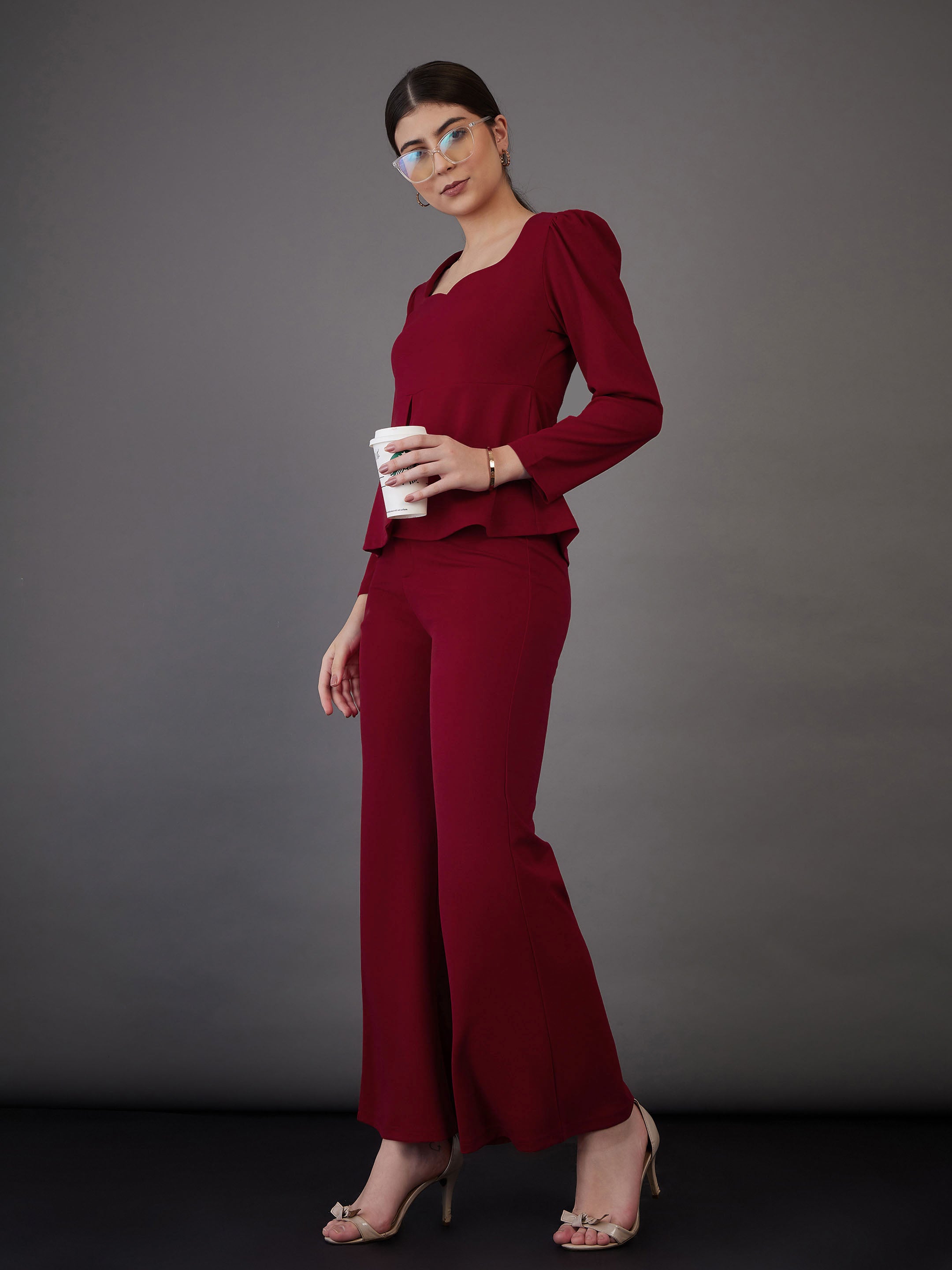 Women Red Peplum Top With Bell Bottom Pants