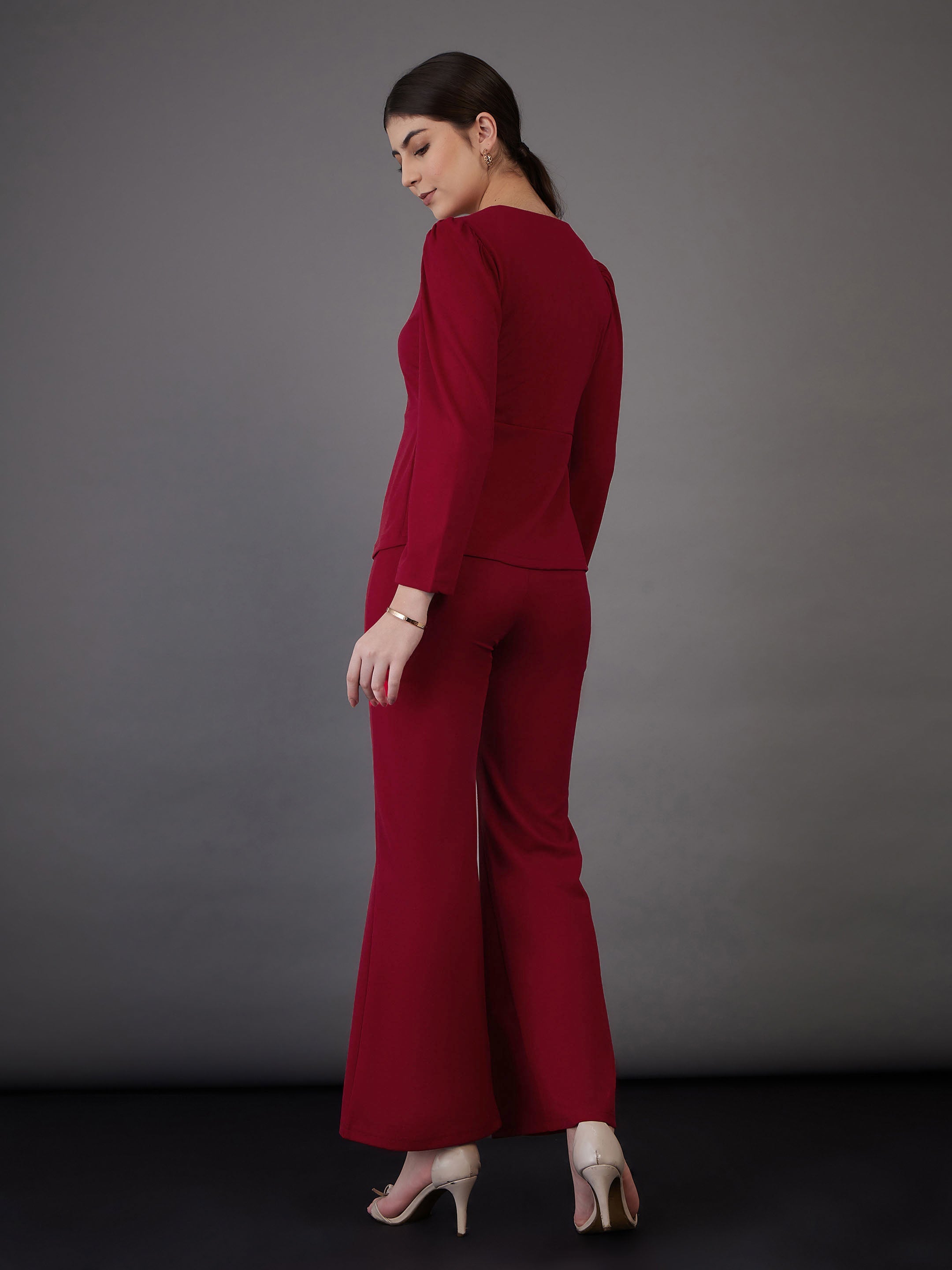 Women Red Peplum Top With Bell Bottom Pants