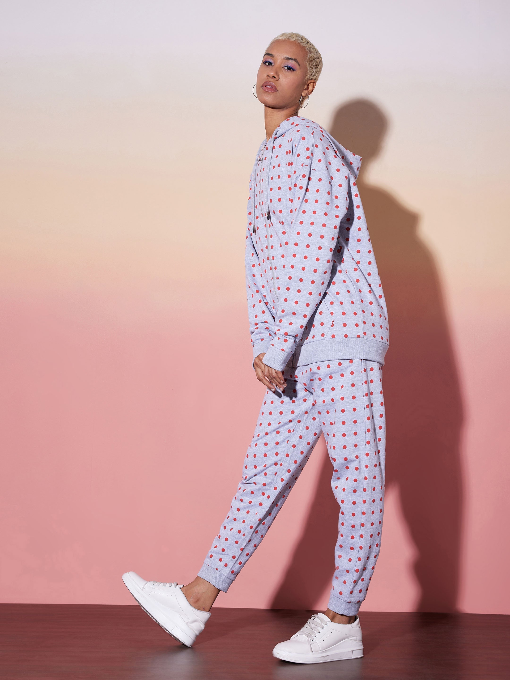 Women Grey & Red Polka Hoodie With Jogger