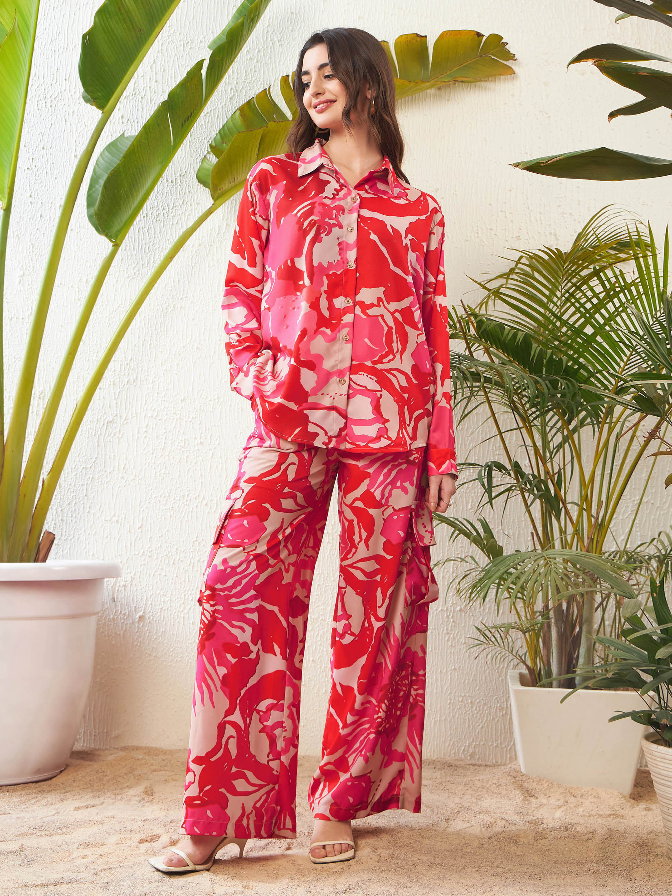 Women Red Floral Oversize Shirt With Box Pocket Pants