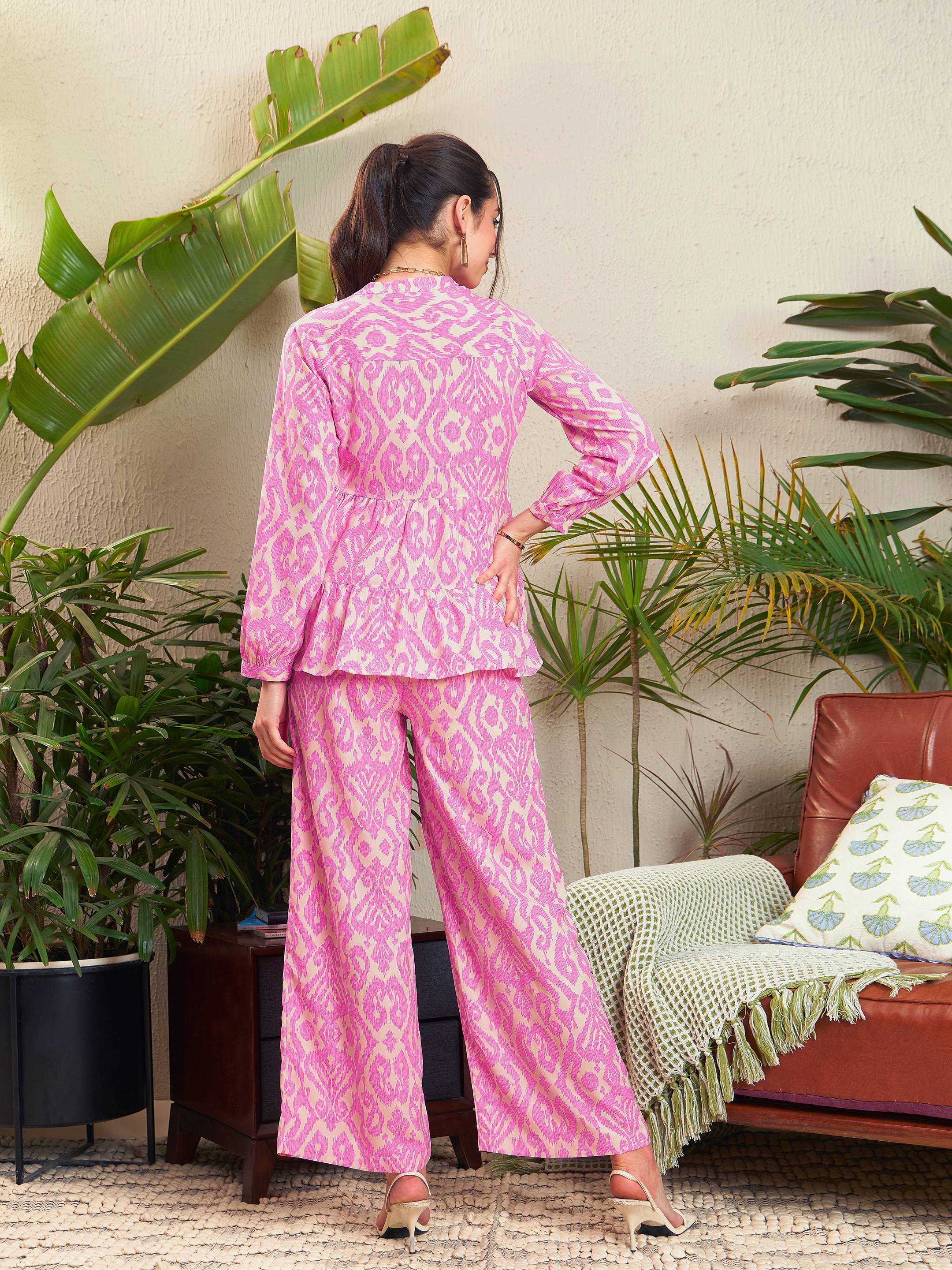 Women Pink Ikat Tiered Shirt With Palazzo Pants