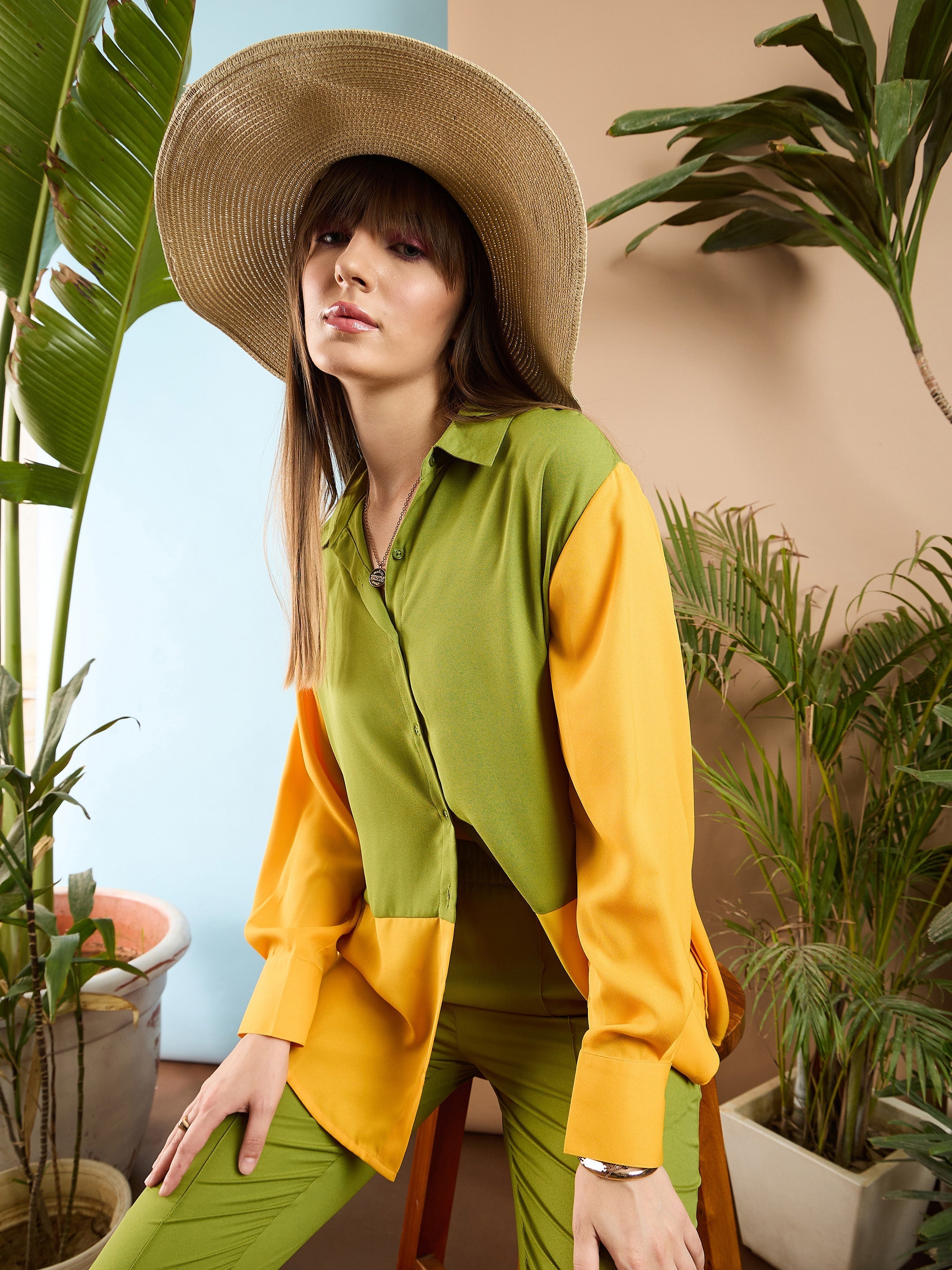 Women Olive & Yellow ColorBlock Shirt With Darted Pants