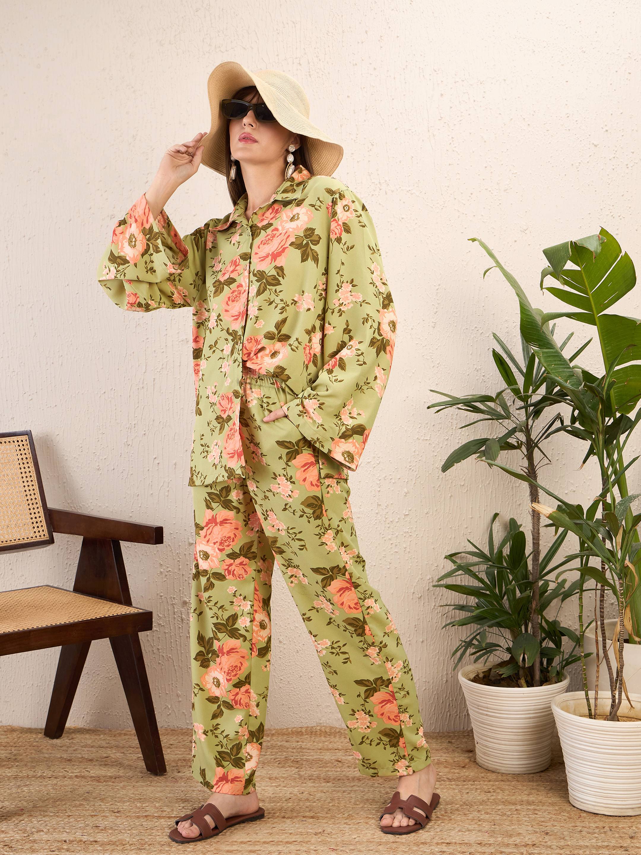 Women Olive Floral Bell Sleeves Shirt With Straight Pants