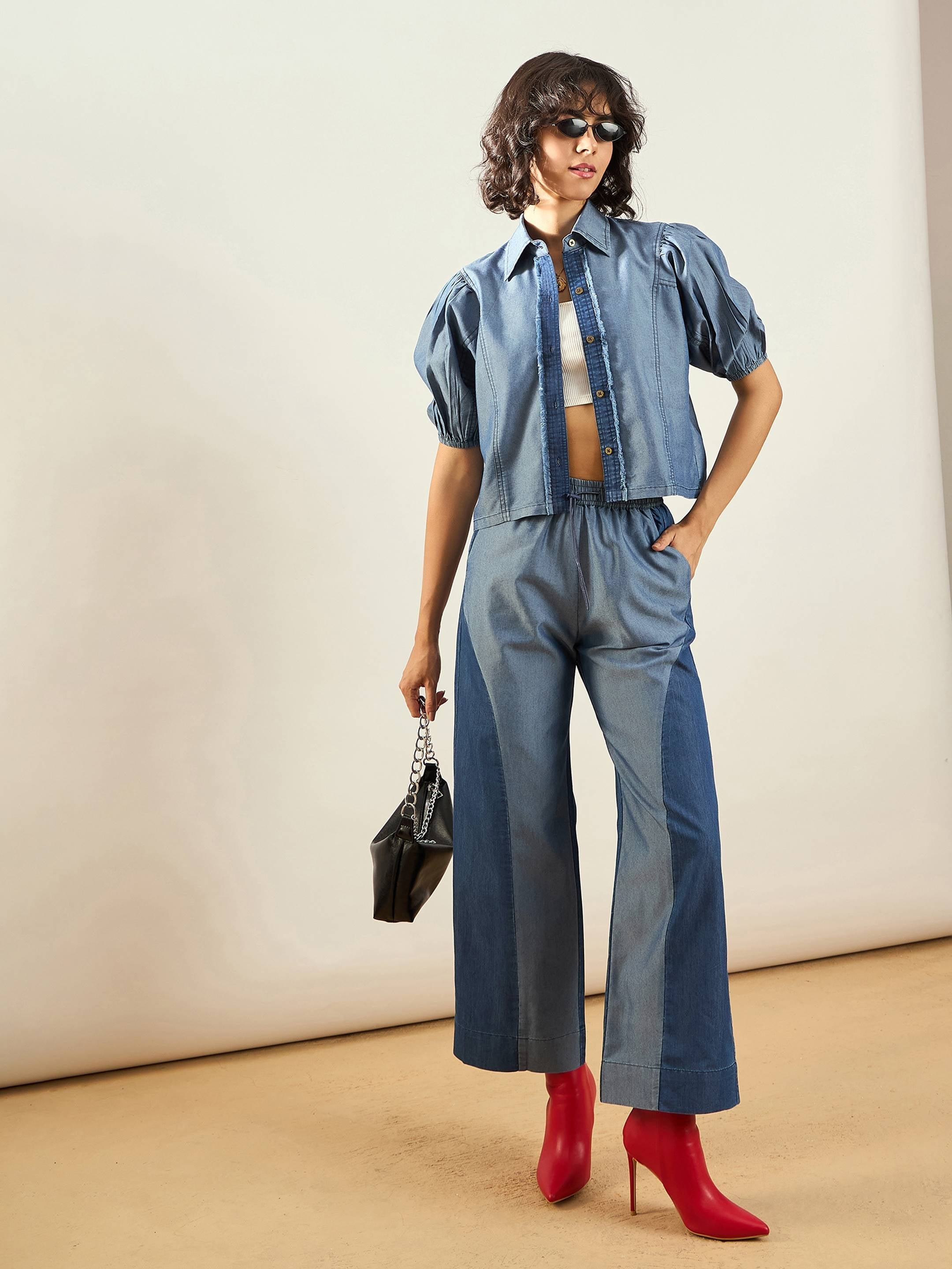 Women Blue Tencel ColorBlock Shirt With Straight Pants