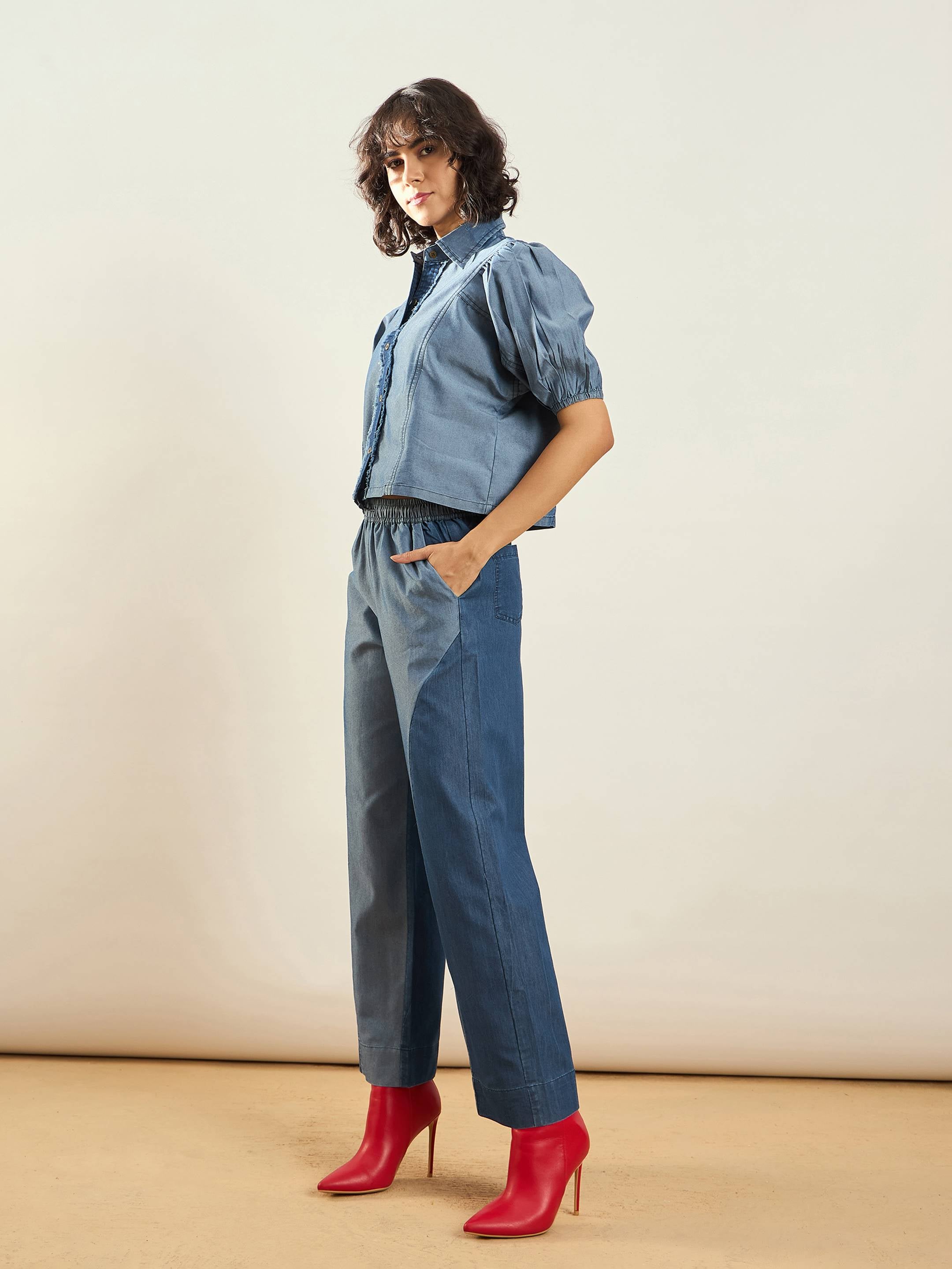 Women Blue Tencel ColorBlock Shirt With Straight Pants