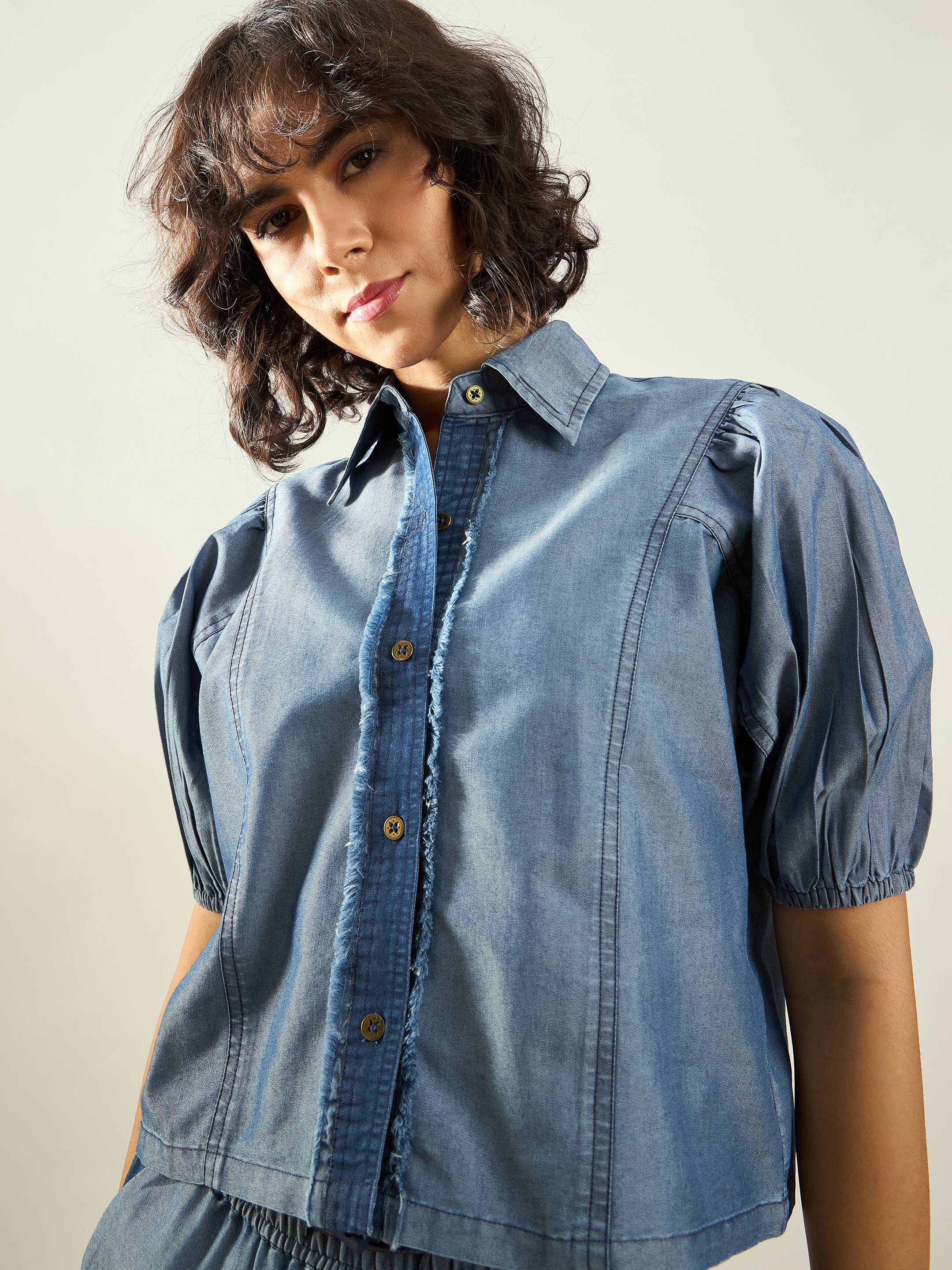 Women Blue Tencel ColorBlock Shirt With Straight Pants