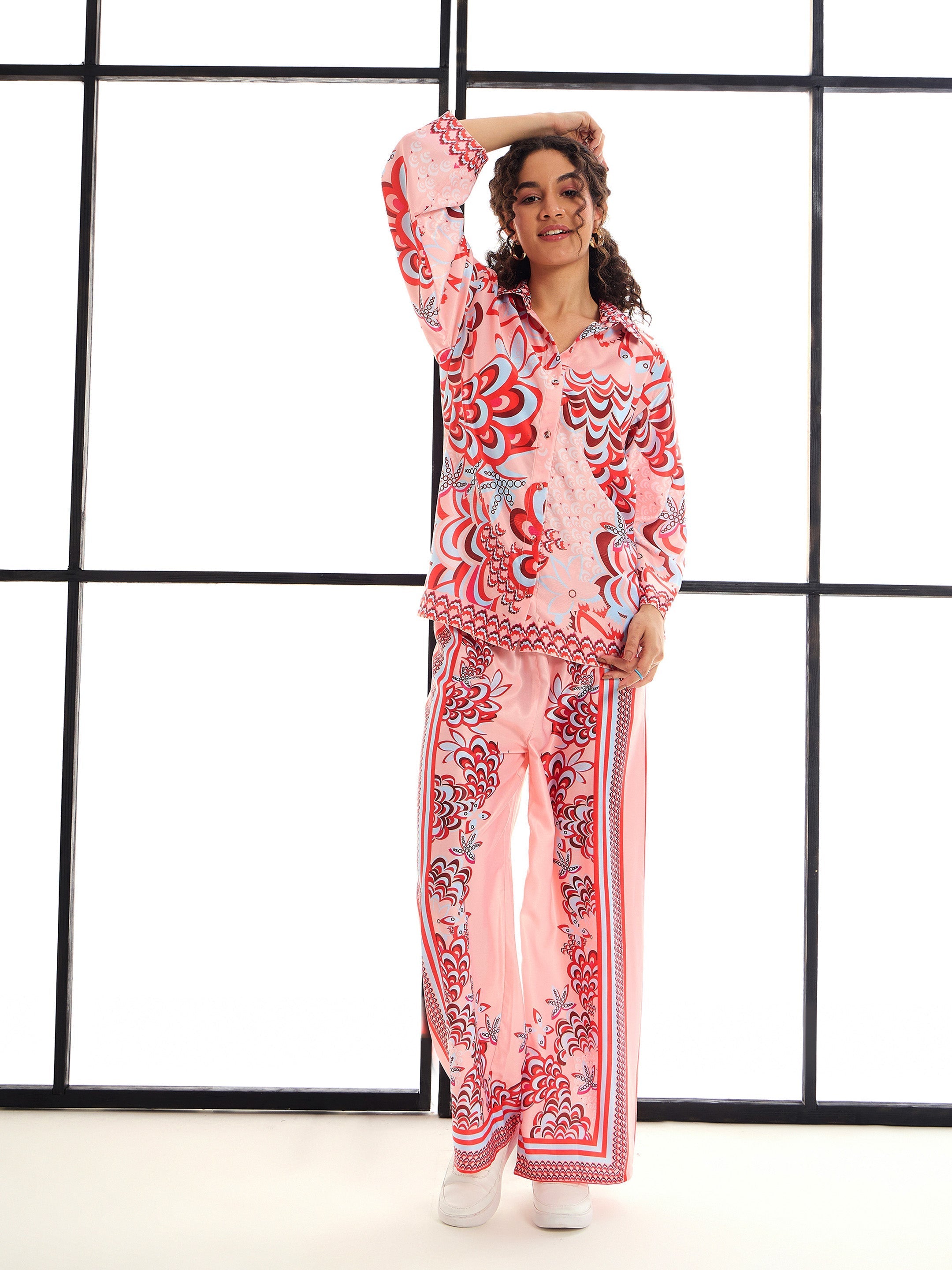 Women Pink & Red Floraled Lounge Shirt With Pants