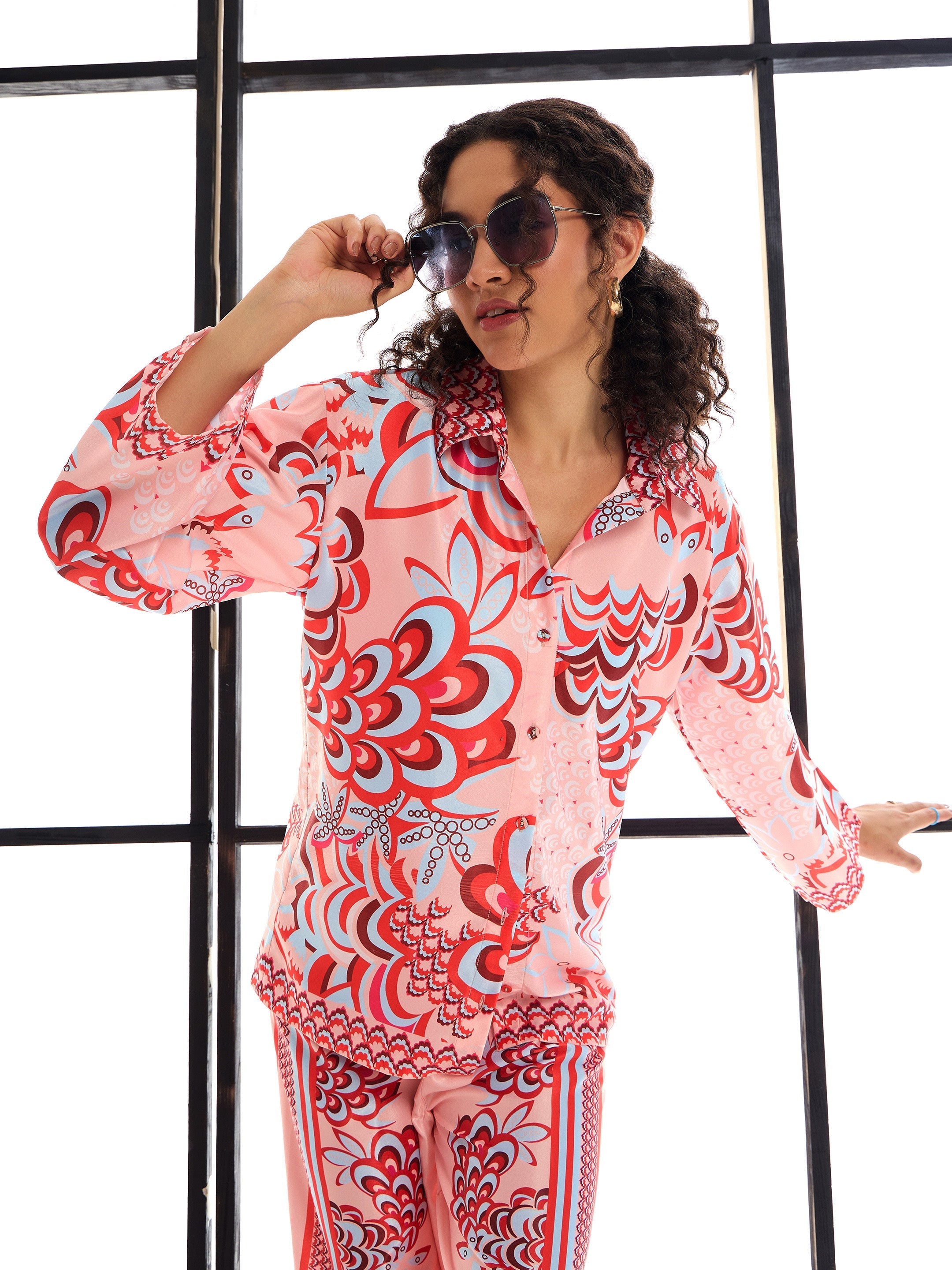 Women Pink & Red Floraled Lounge Shirt With Pants