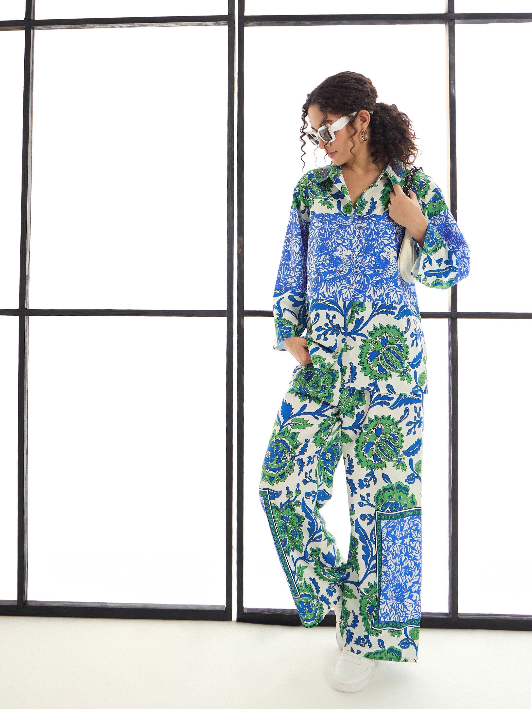 Women Green & Blue Floral Lounge Shirt With Pants