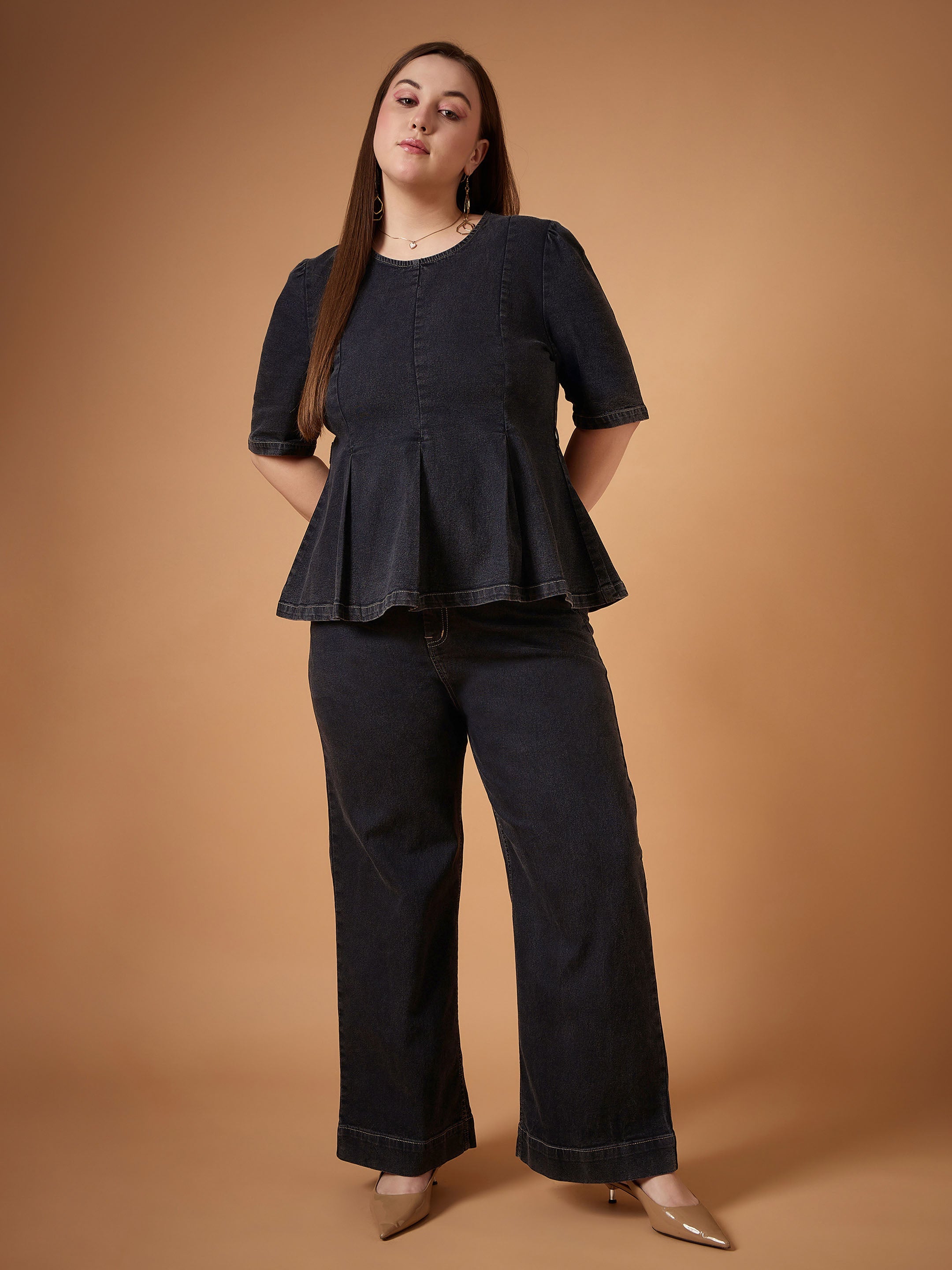 Women Black Wash Denim Peplum Top With Straight Pants