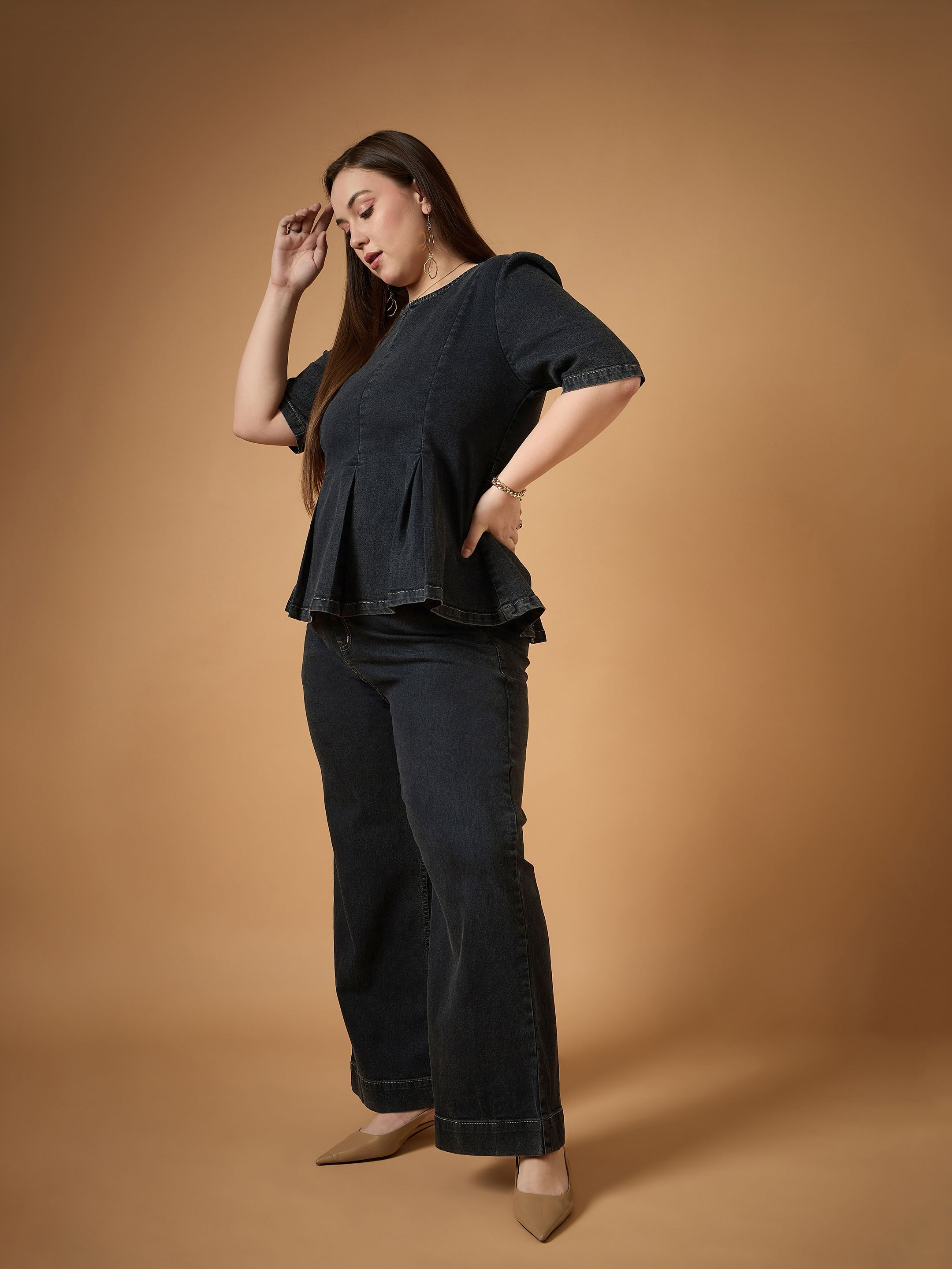 Women Black Wash Denim Peplum Top With Straight Pants