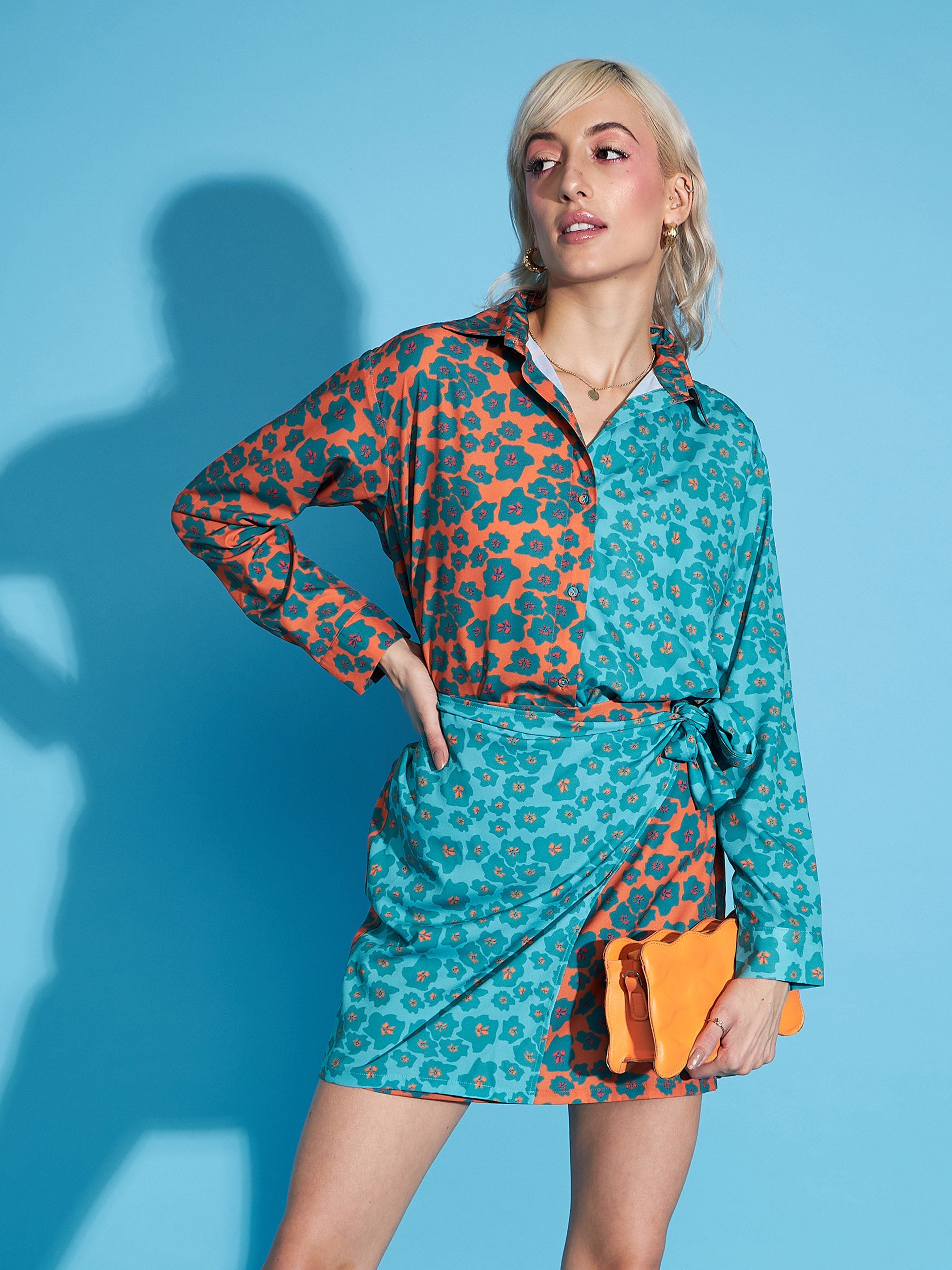 Women Green & Orange Floral Shirt With Wrap Skirt