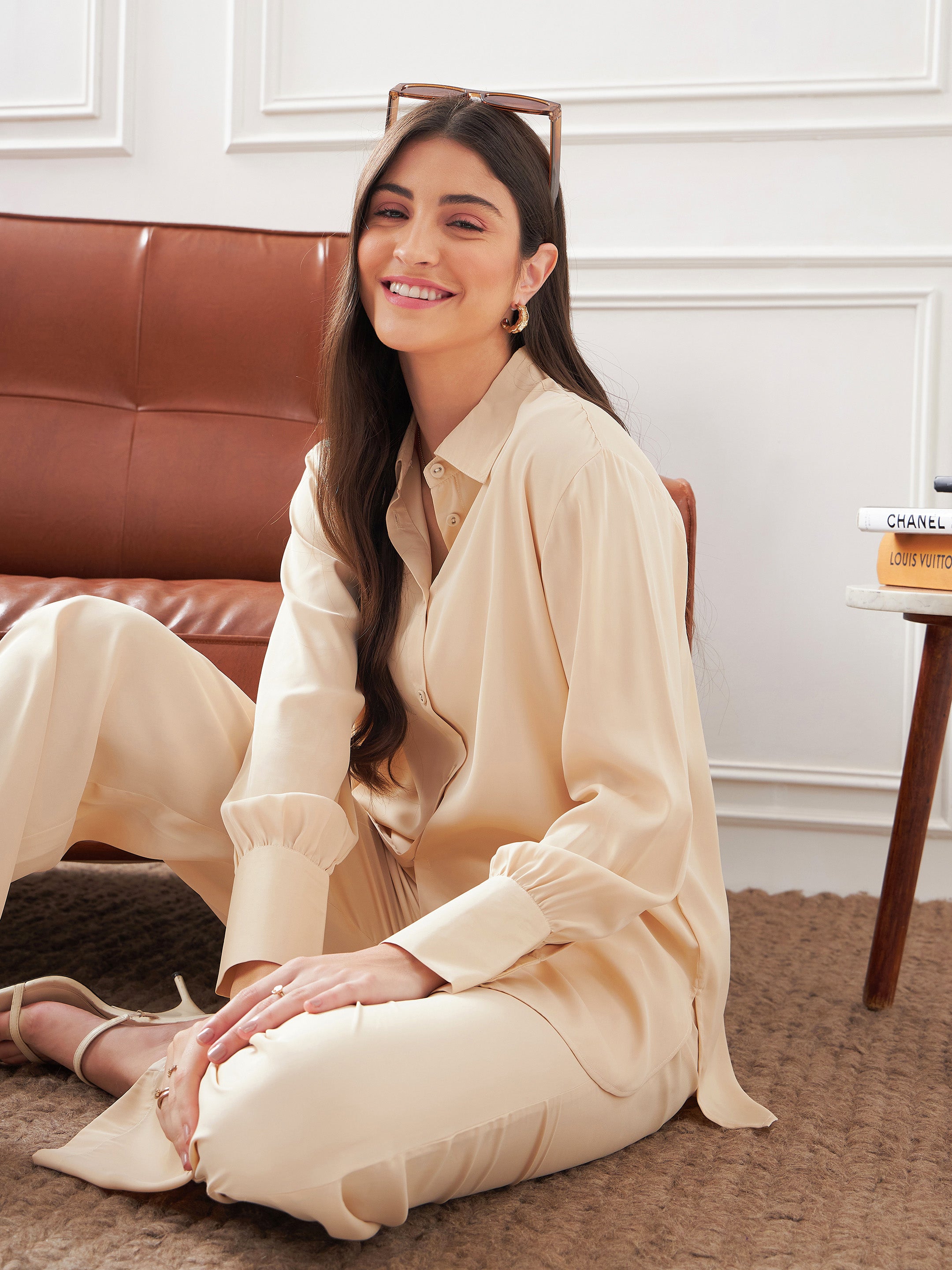 Women Beige Satin Shirt With Lounge Pants