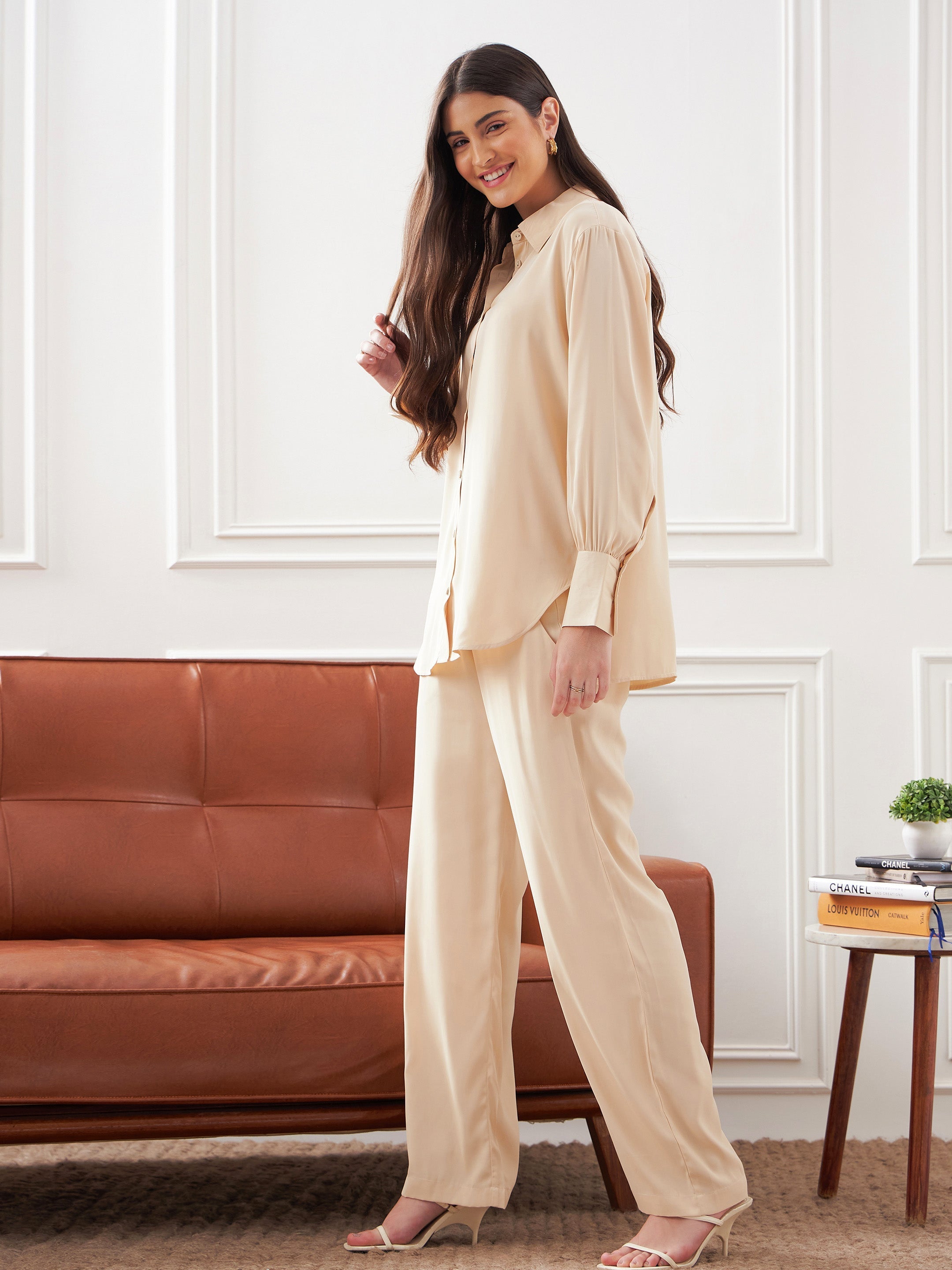 Women Beige Satin Shirt With Lounge Pants