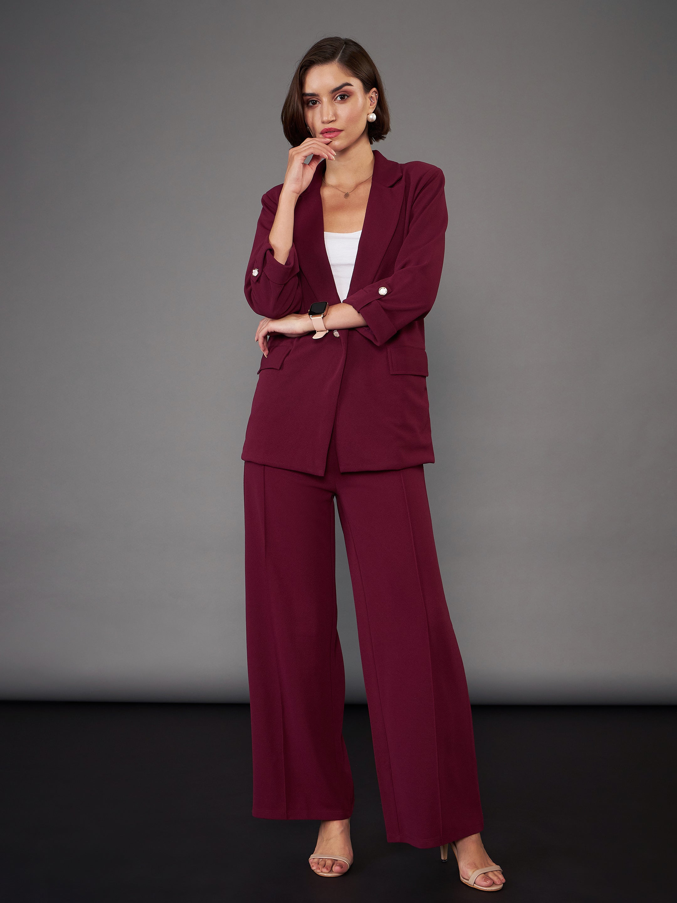 Women Burgundy Front Button Blazer With Palazzo Pants