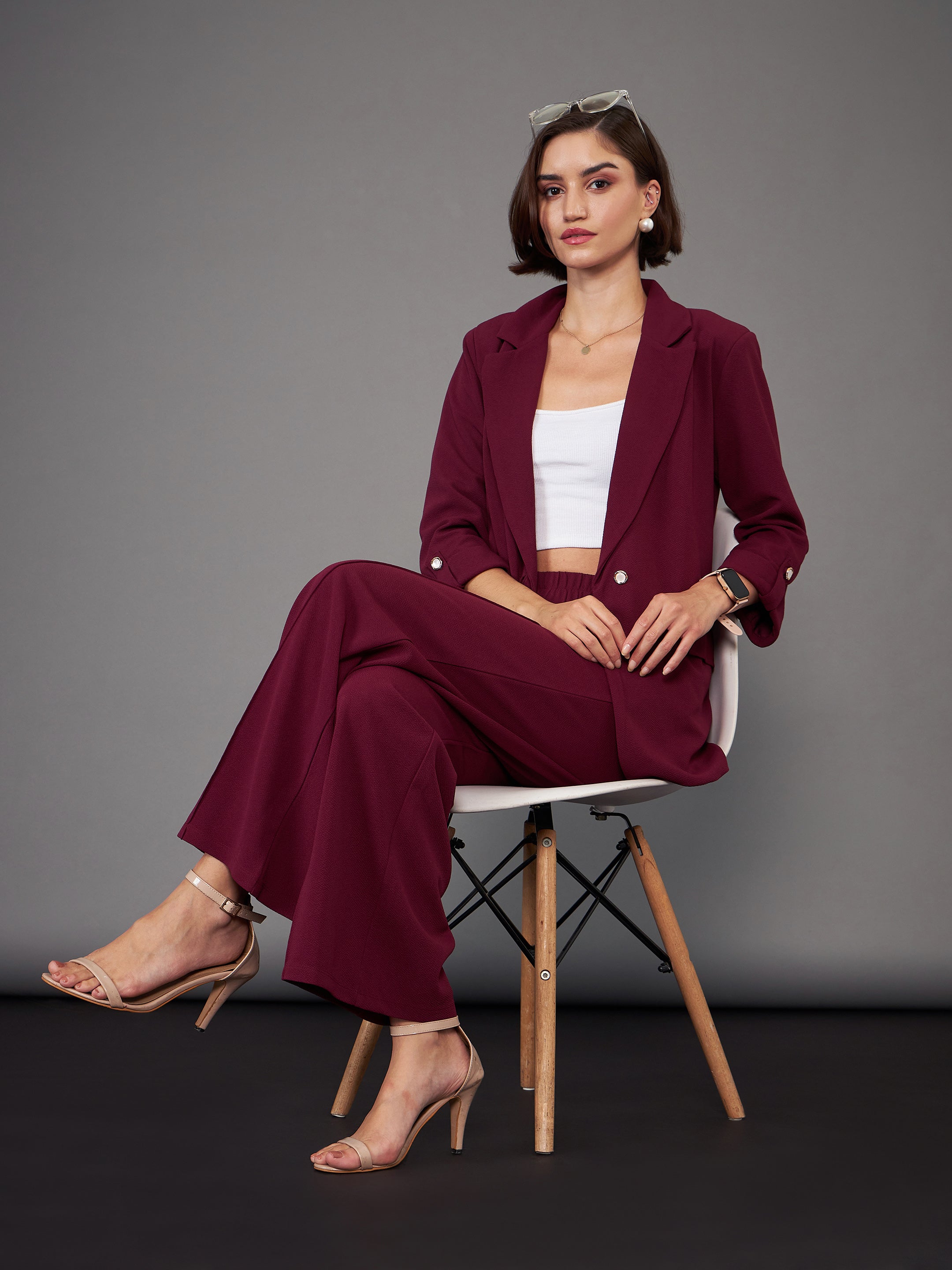 Women Burgundy Front Button Blazer With Palazzo Pants