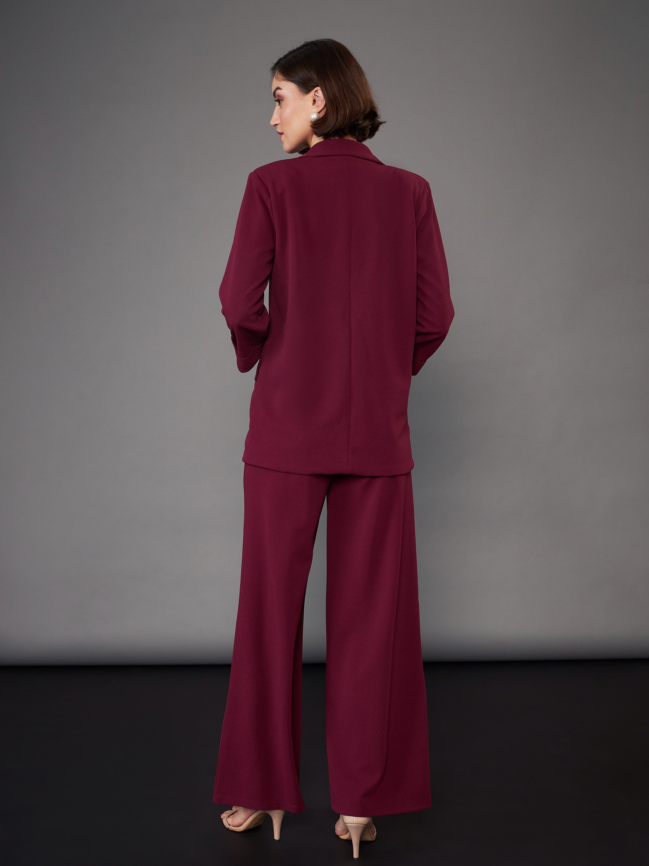 Women Burgundy Front Button Blazer With Palazzo Pants