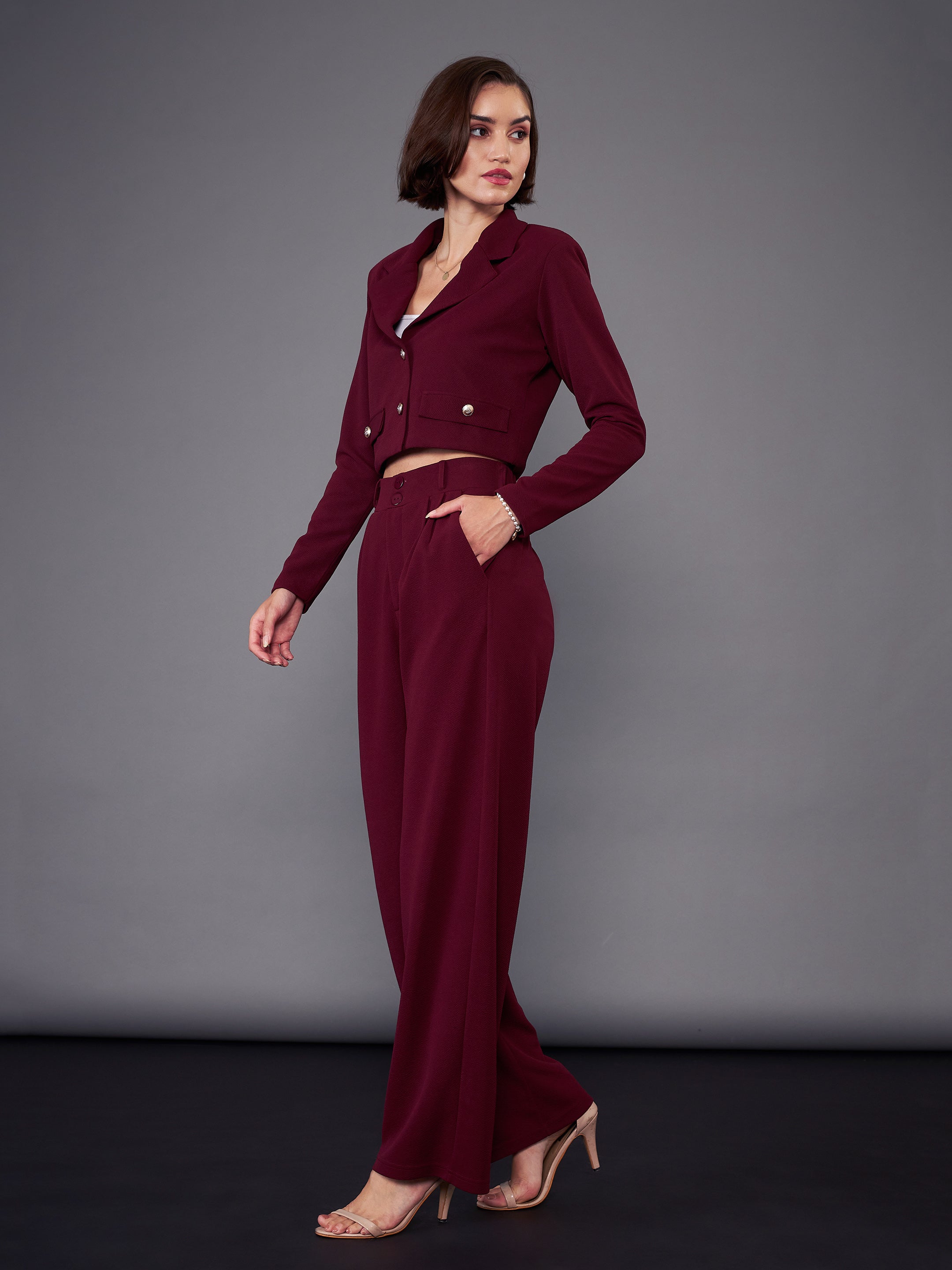 Women Burgundy Notch Collar Crop Blazer With Pleated Pants