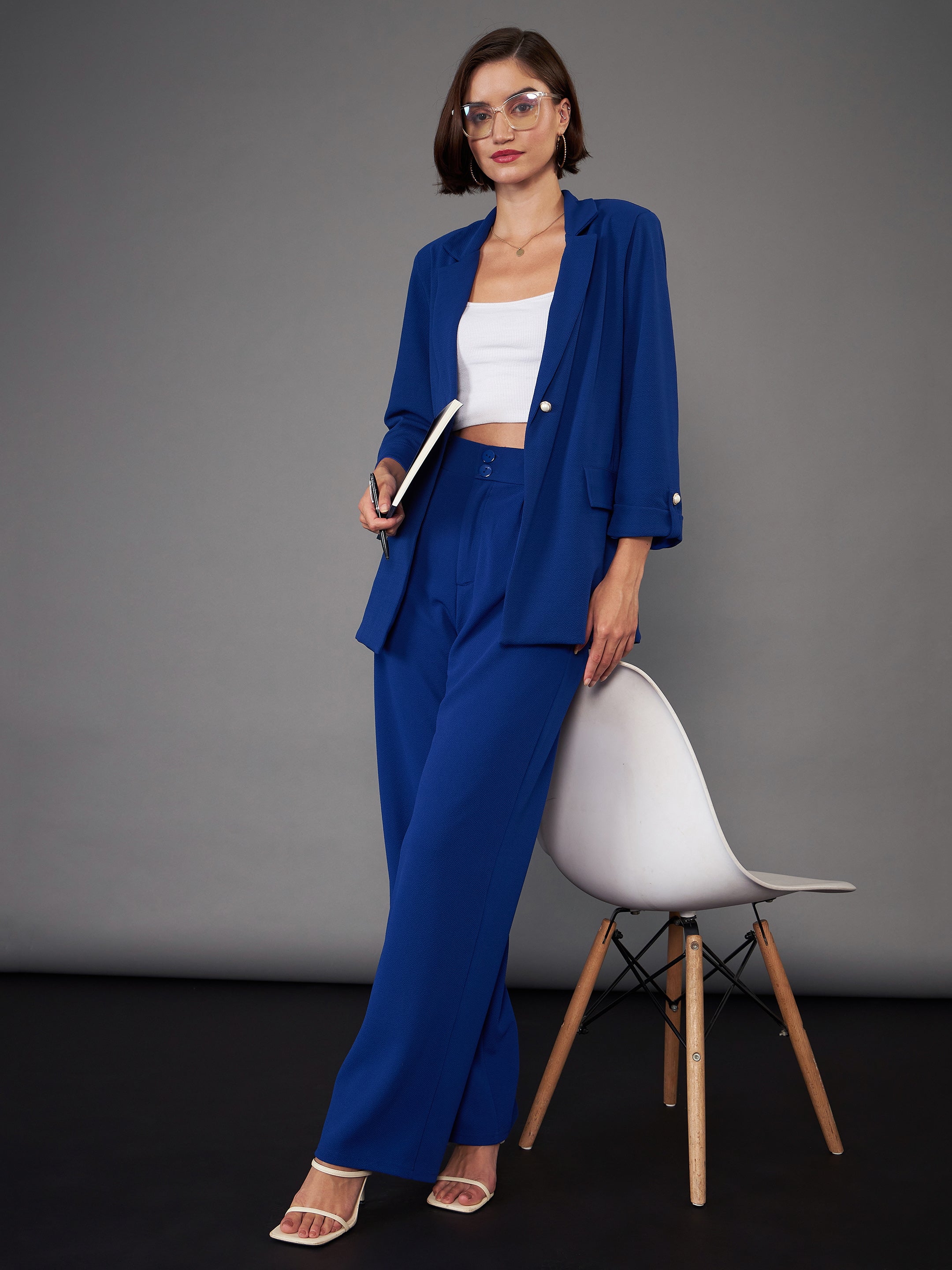 Women Royal Blue Front Button Blazer With Pleated Pants