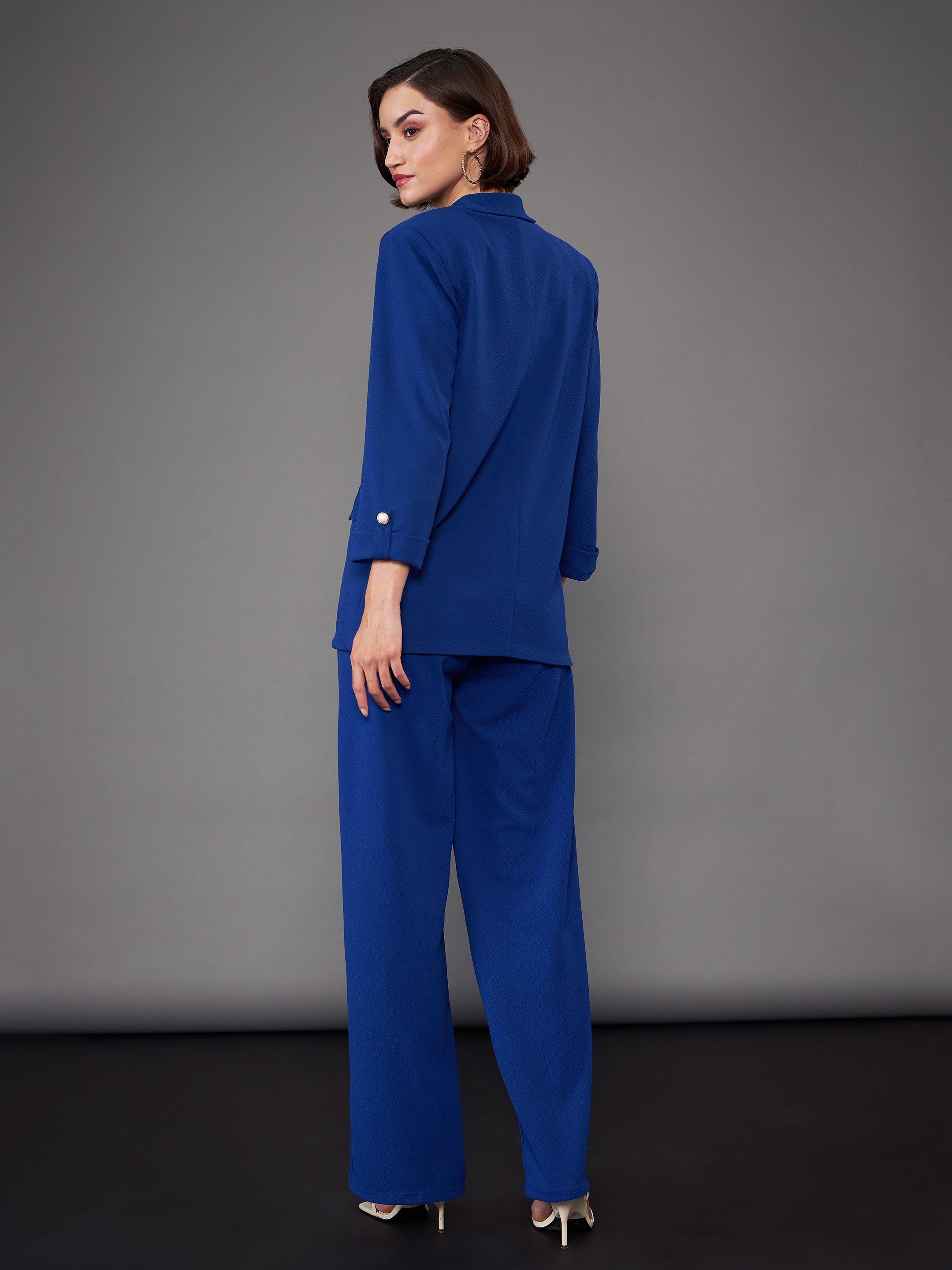 Women Royal Blue Front Button Blazer With Pleated Pants