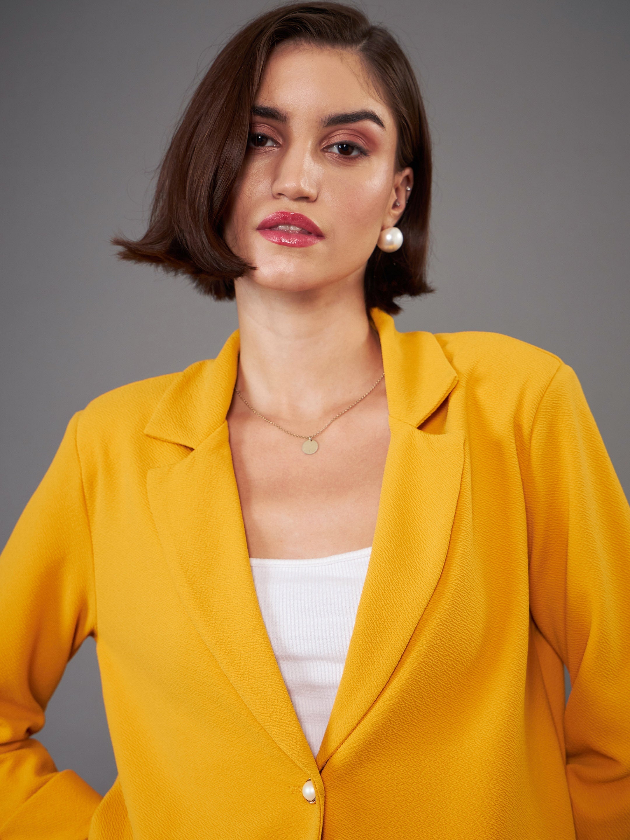 Women Mustard Front Button Blazer With Straight Pants