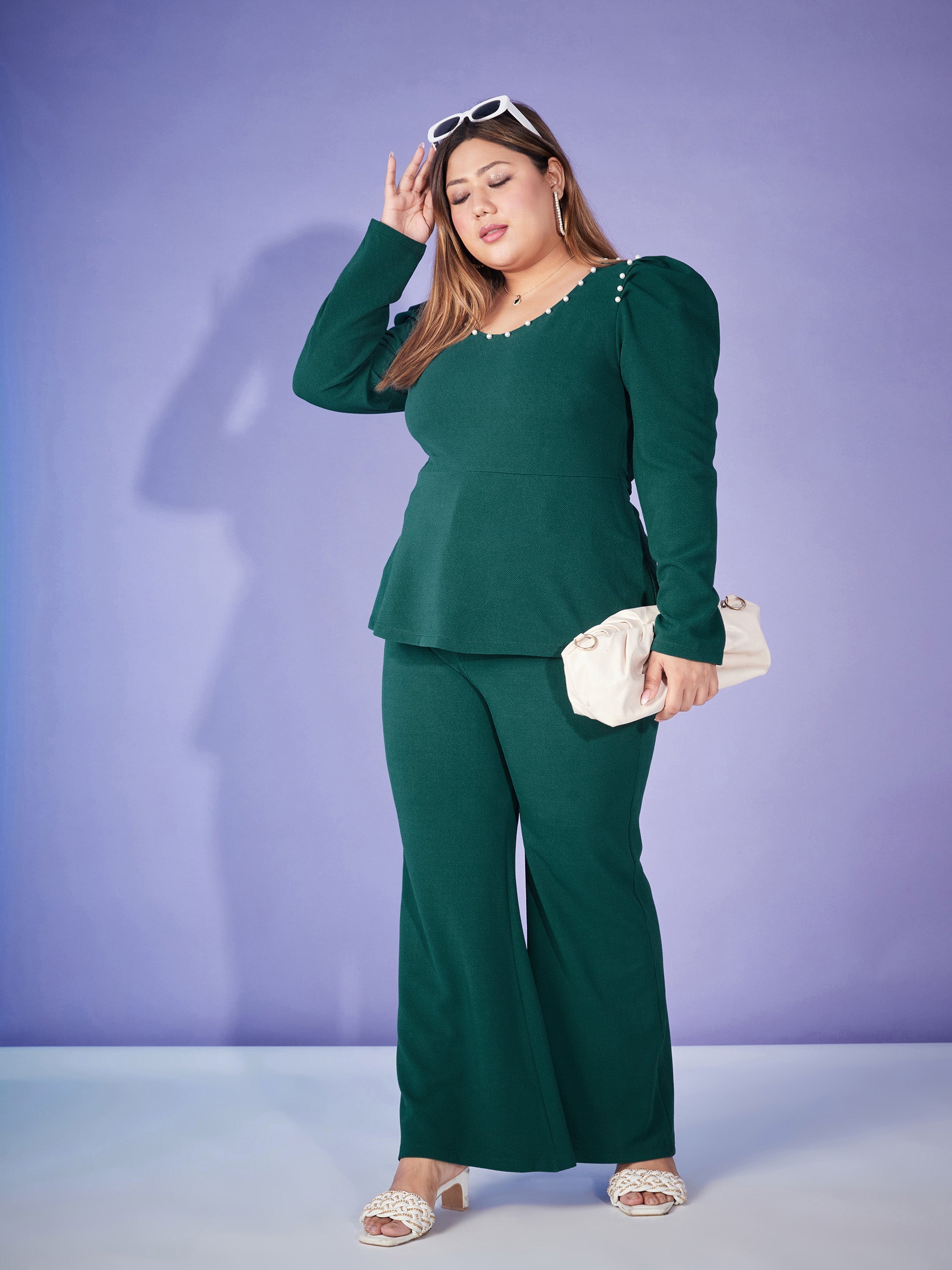 Women Emerald Pearl Peplum Top With Bell Bottom Pants