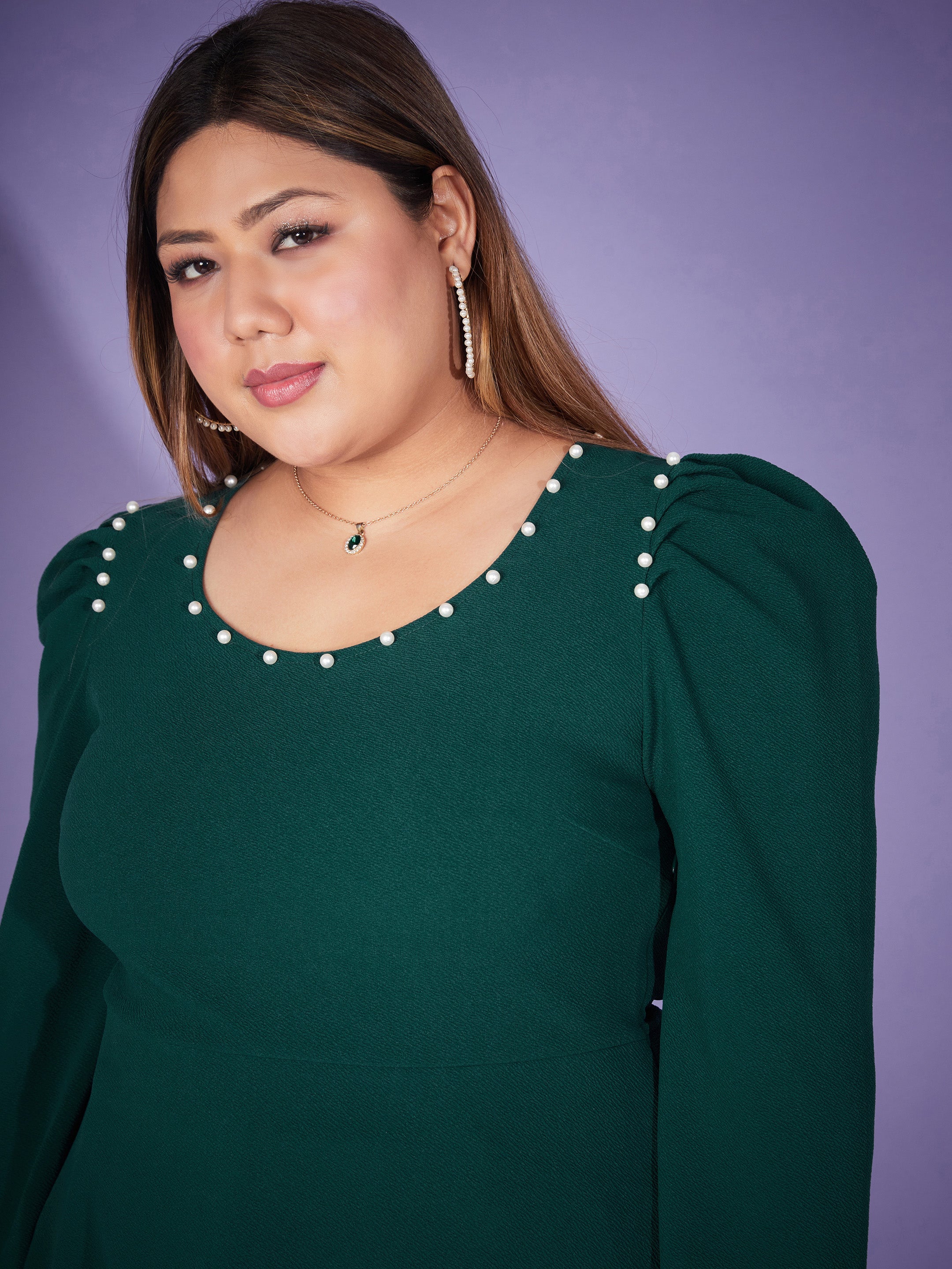 Women Emerald Pearl Peplum Top With Bell Bottom Pants