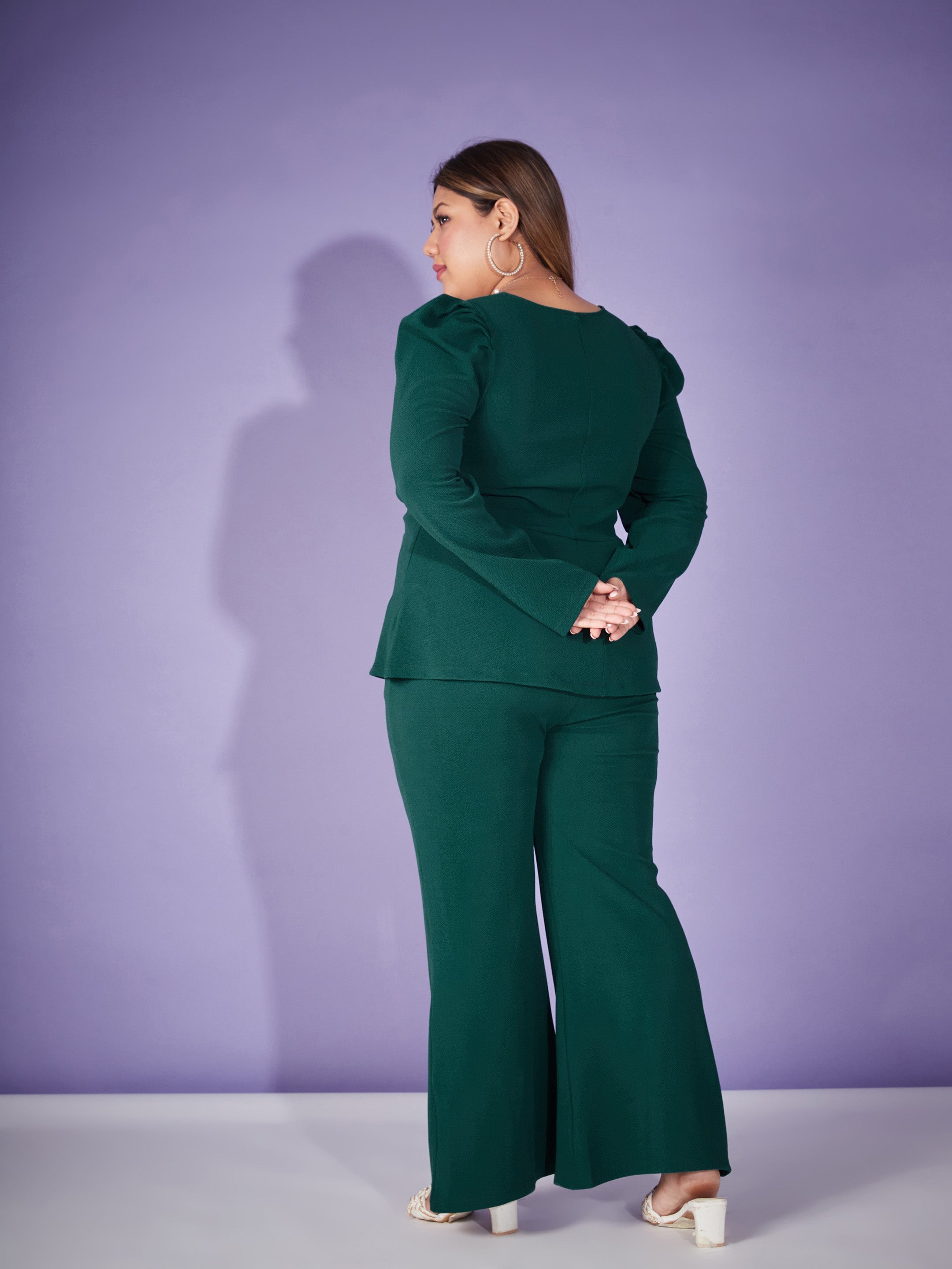 Women Emerald Pearl Peplum Top With Bell Bottom Pants